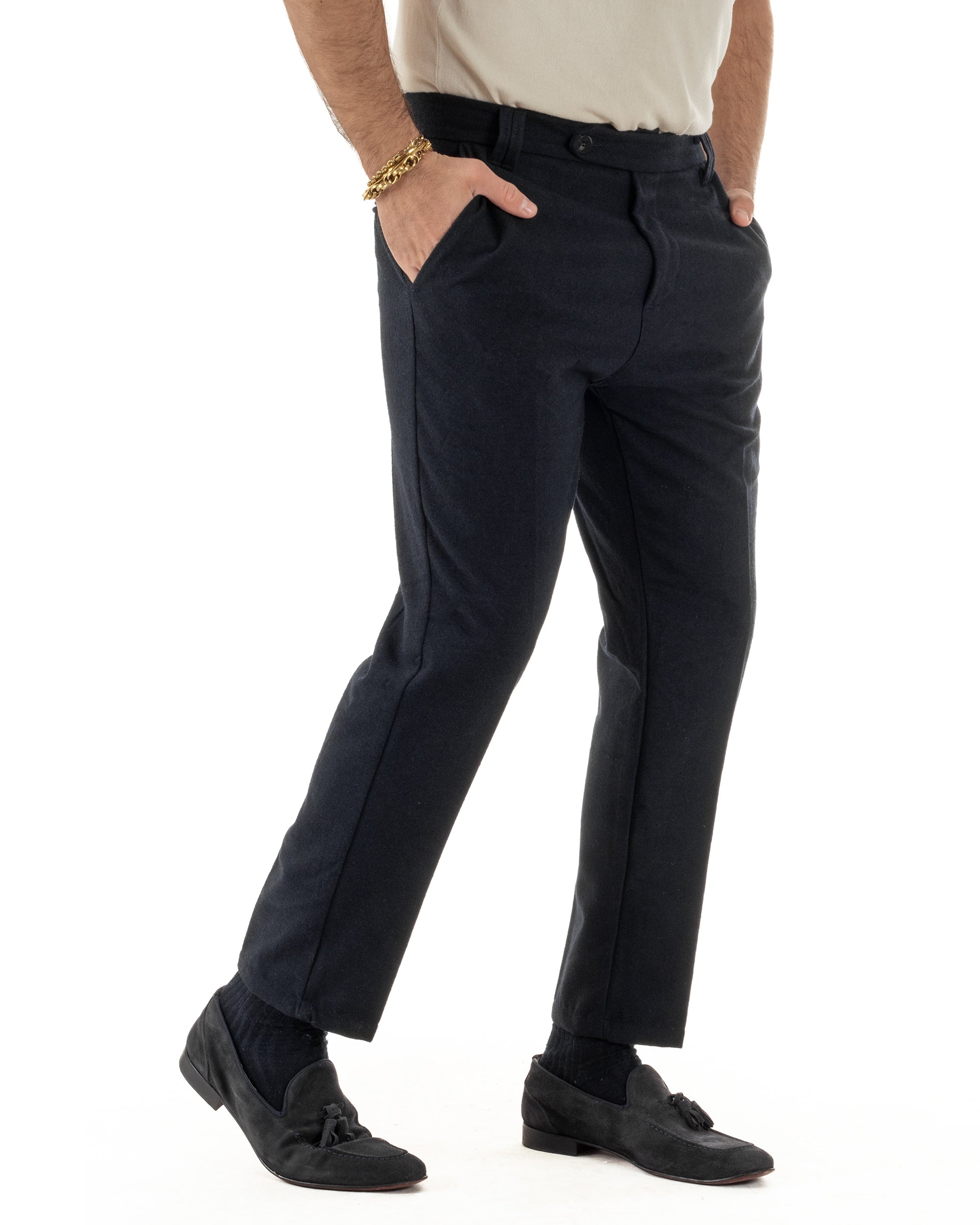 Pantaloni Uomo Lana Abbottonatura Allungata Classico Basic Blu P6437A