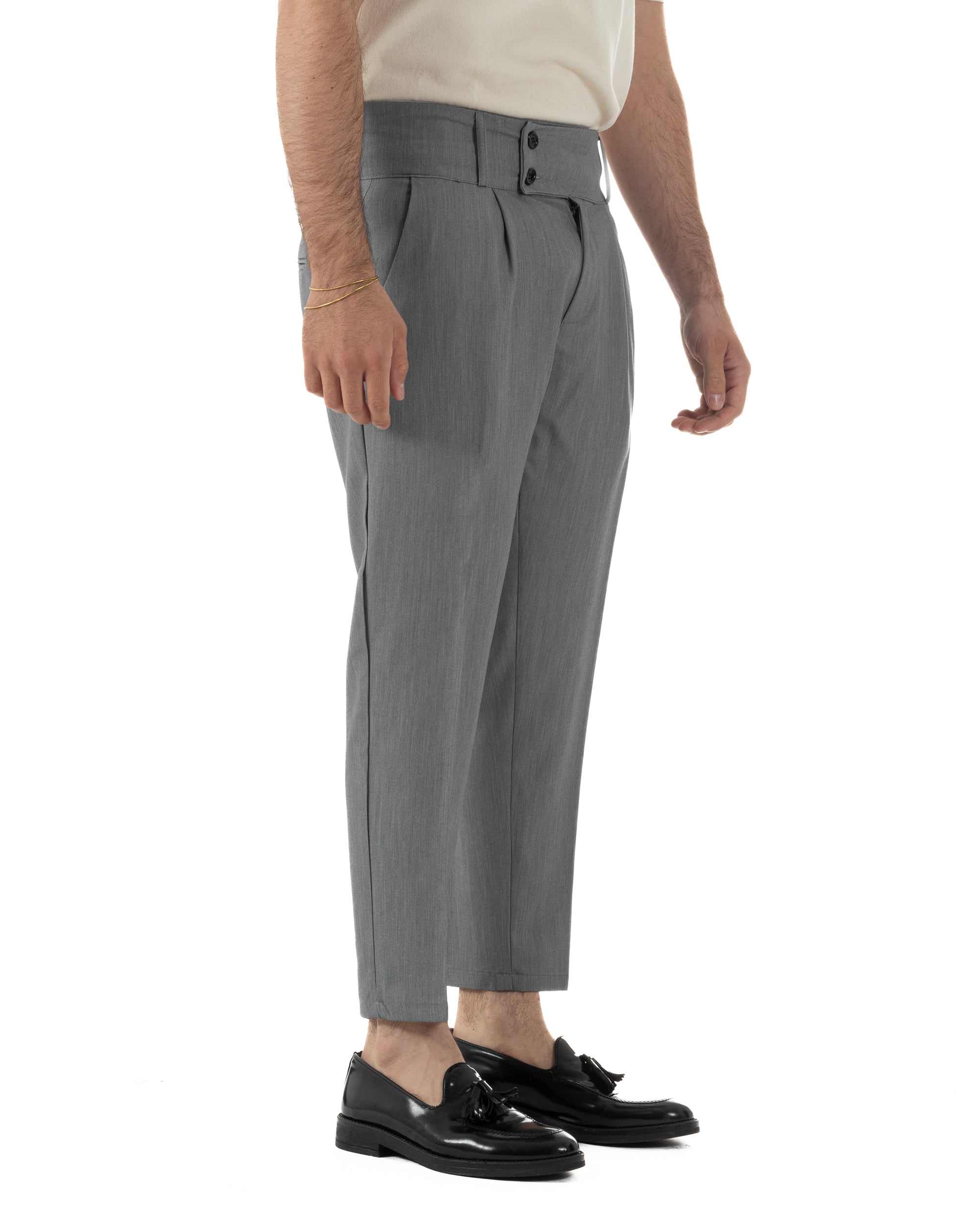 Vista completa pantaloni uomo grigio vita alta bustino tapered fit elegante