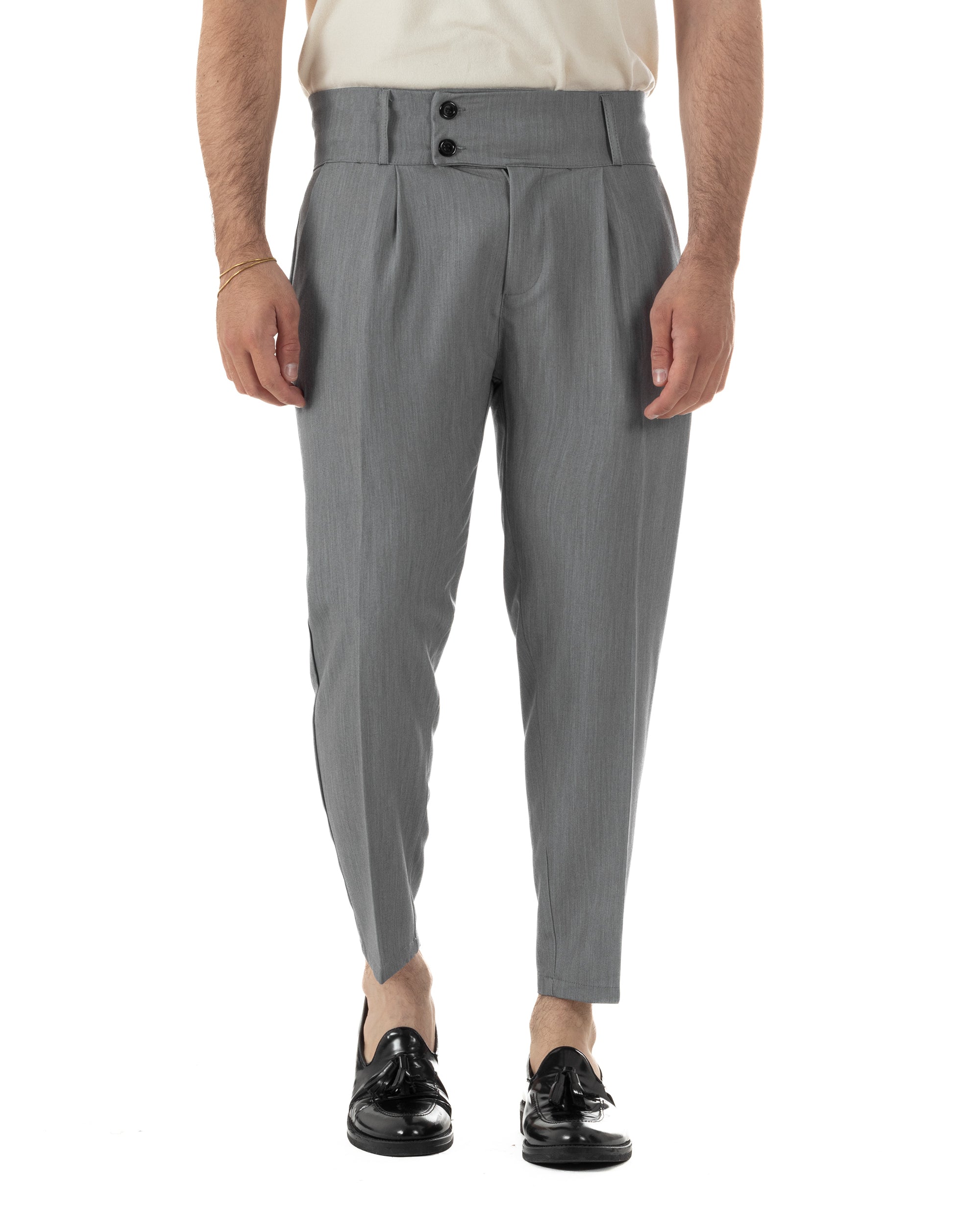 Pantaloni uomo grigio vita alta con pinces bustino abbottonatura allungata