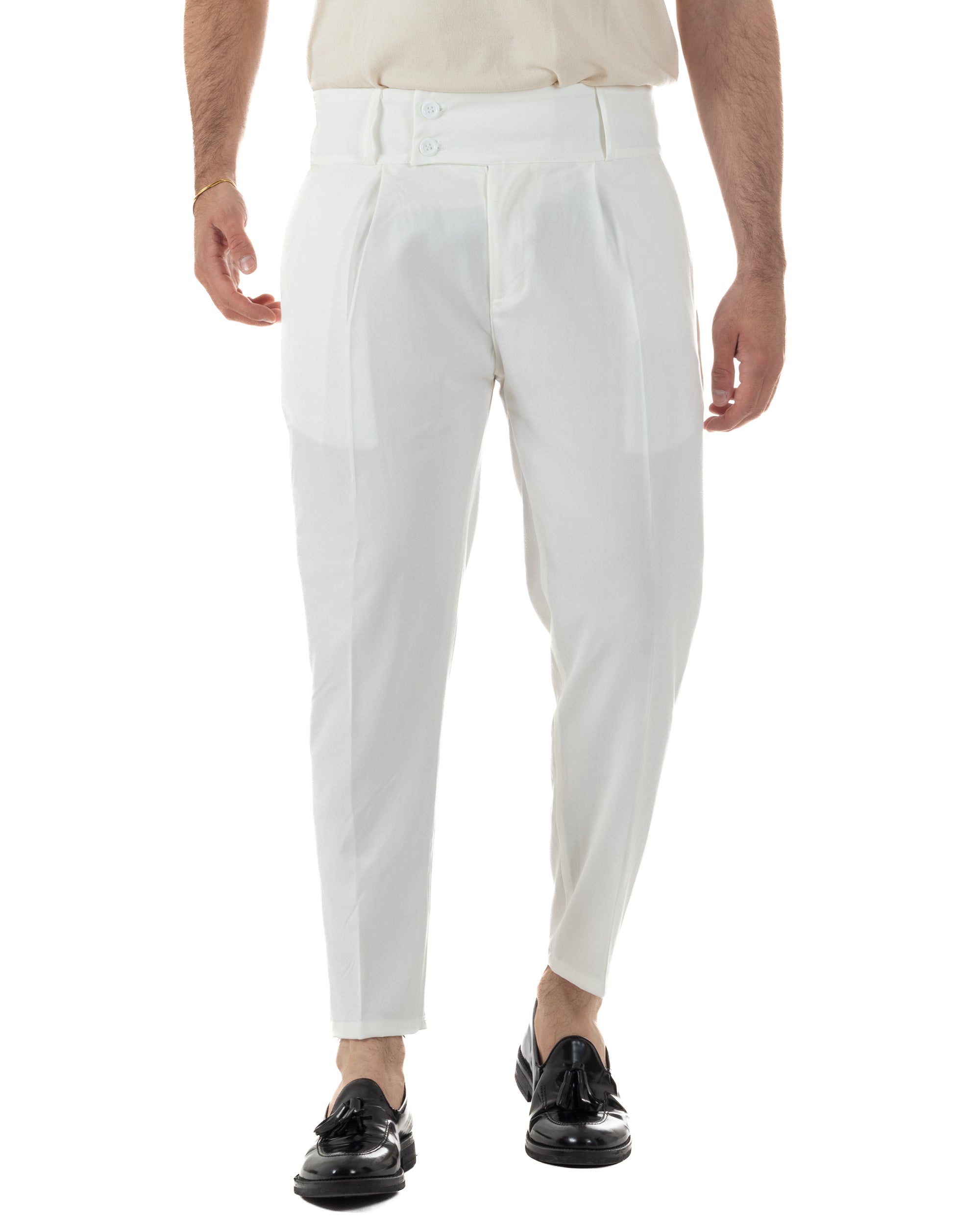 Pantaloni uomo bianco vita alta con pinces bustino abbottonatura allungata