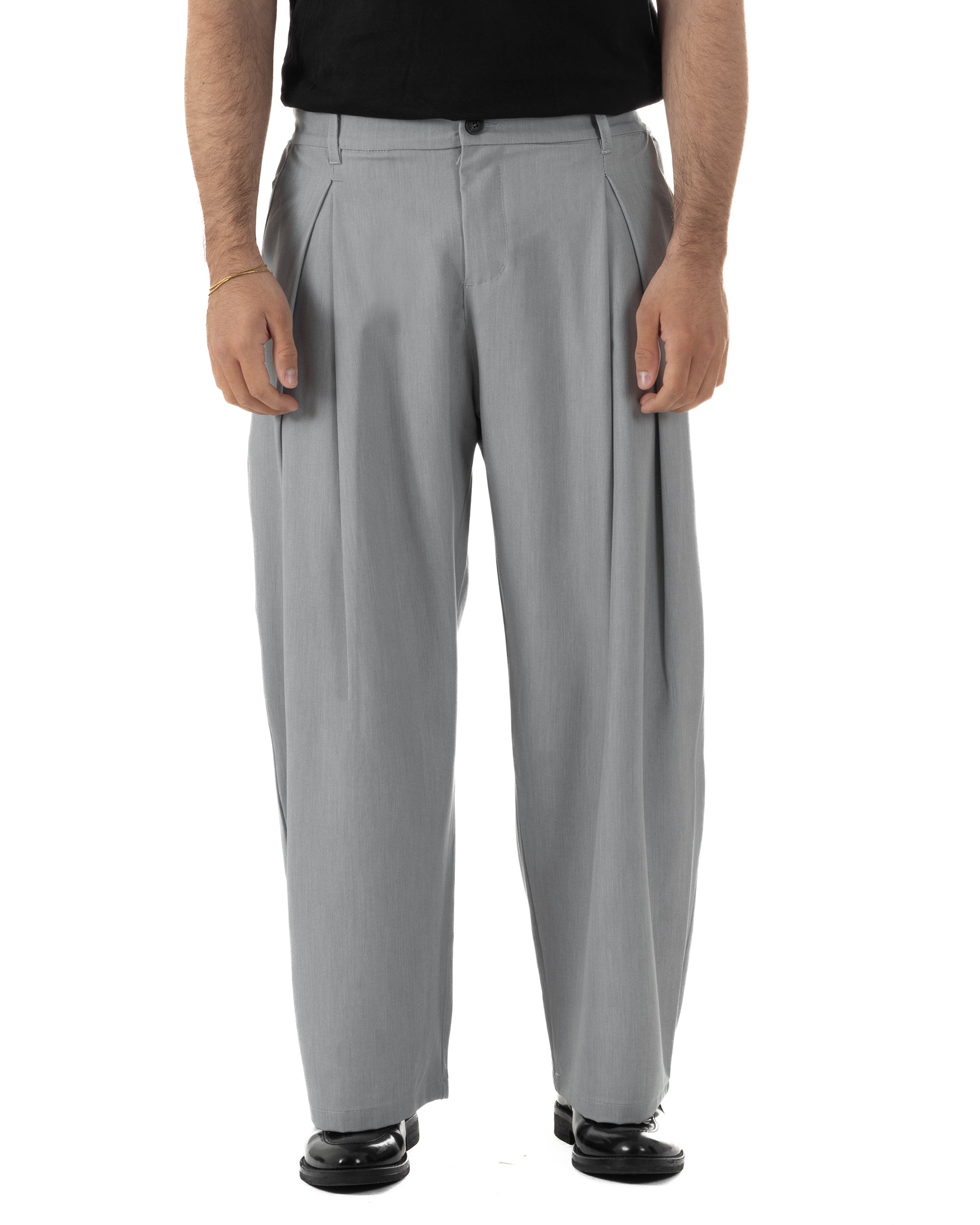 Vista completa pantaloni uomo grigio baggy wide fit viscosa casual urbano