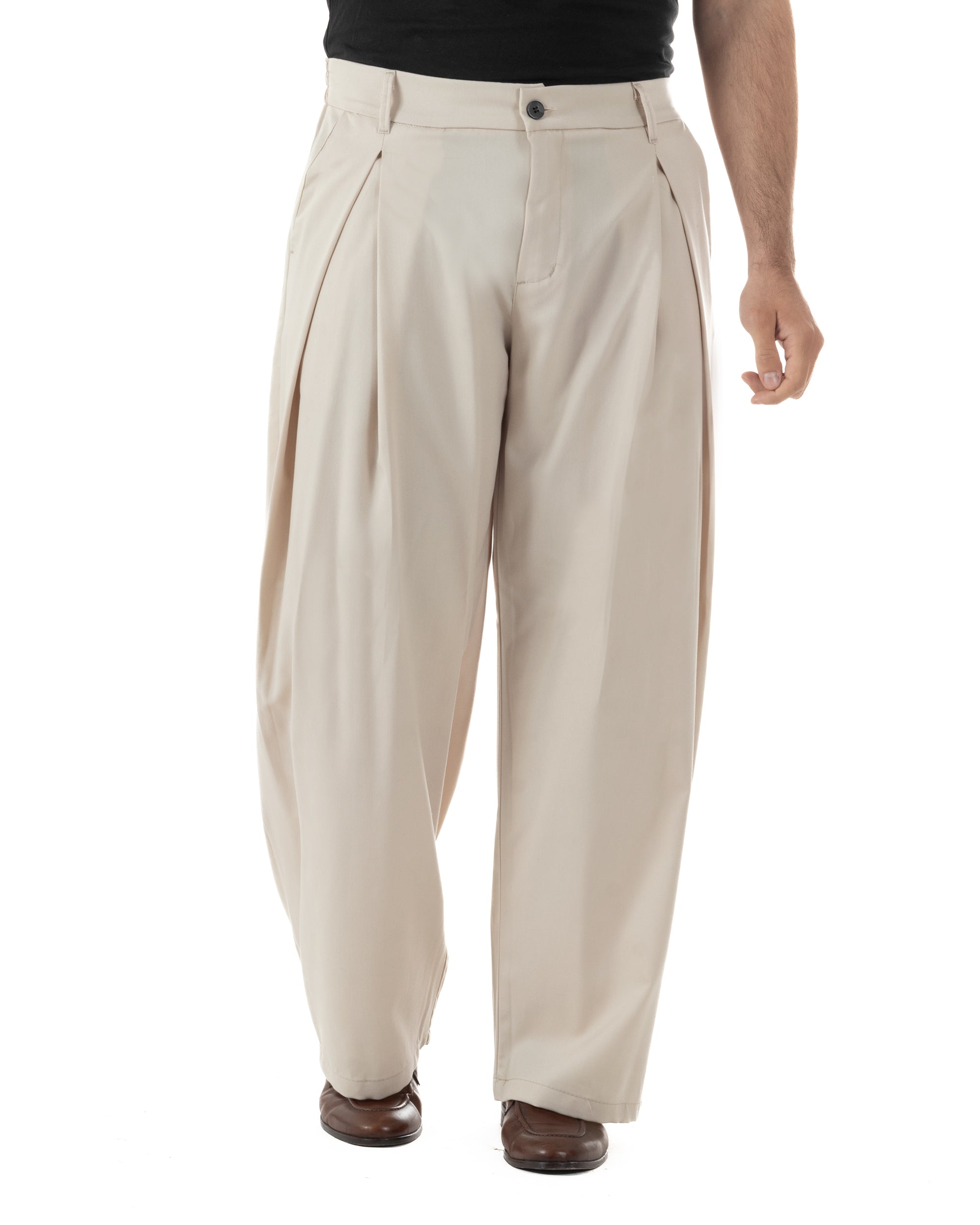Pantaloni uomo beige baggy wide fit pinces viscosa estivo casual
