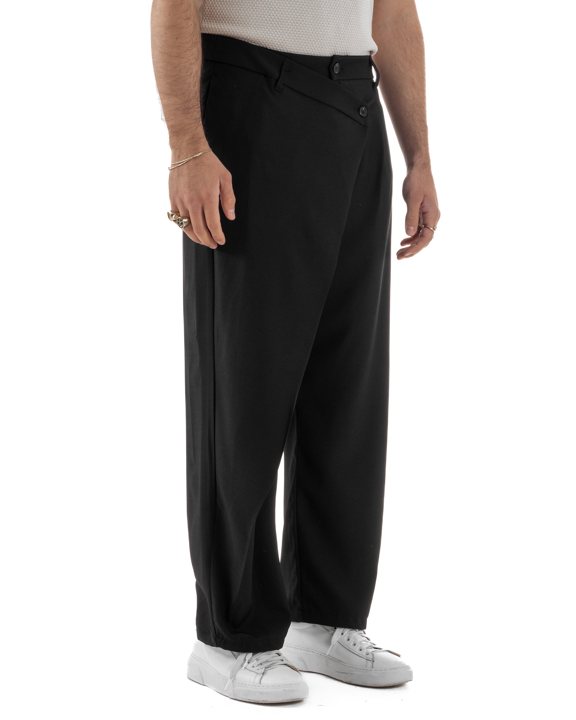 Pantaloni uomo viscosa baggy abbottonatura asimmetrica nero GIOSAL-P6465A