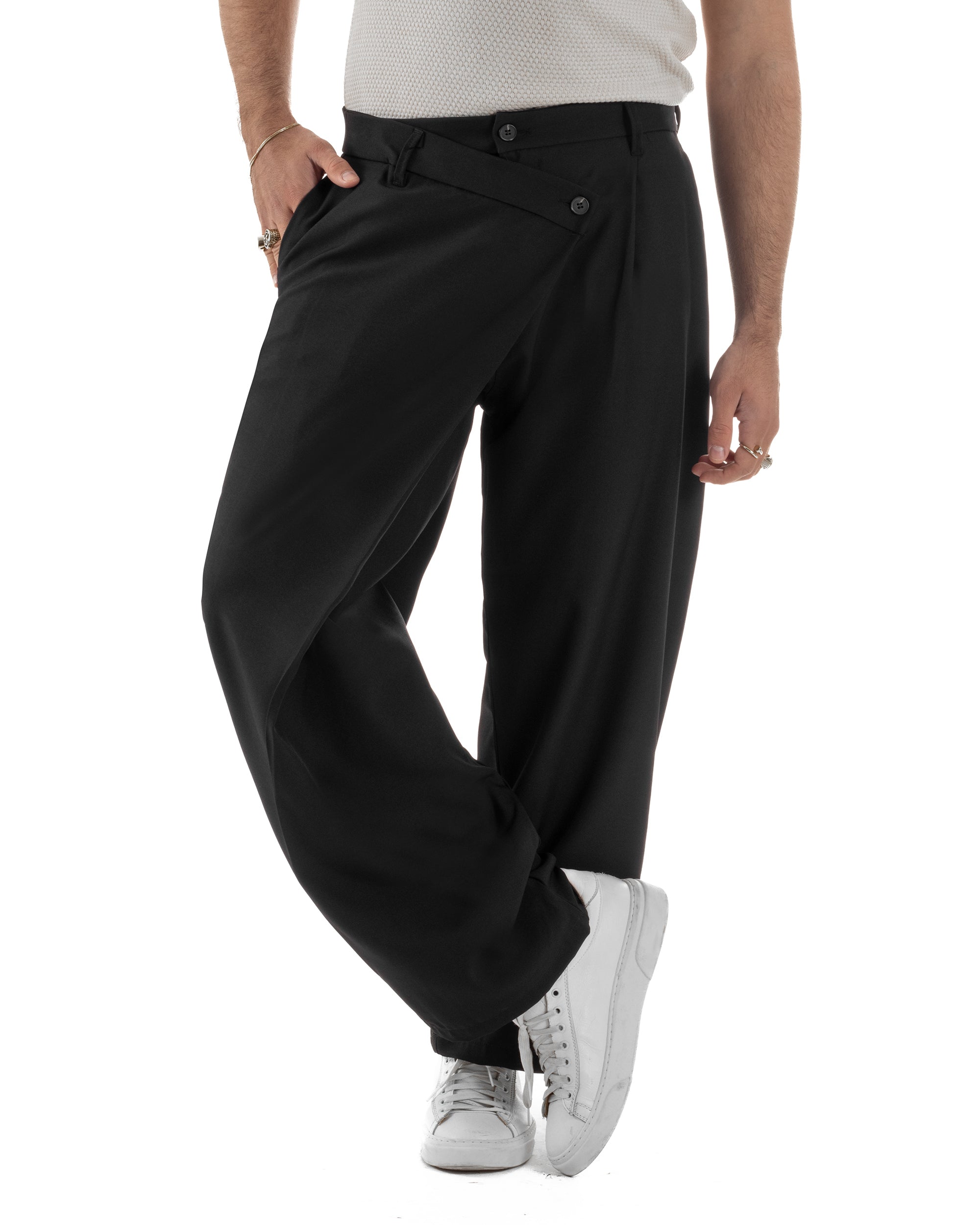 Pantaloni uomo viscosa baggy abbottonatura asimmetrica nero GIOSAL-P6465A