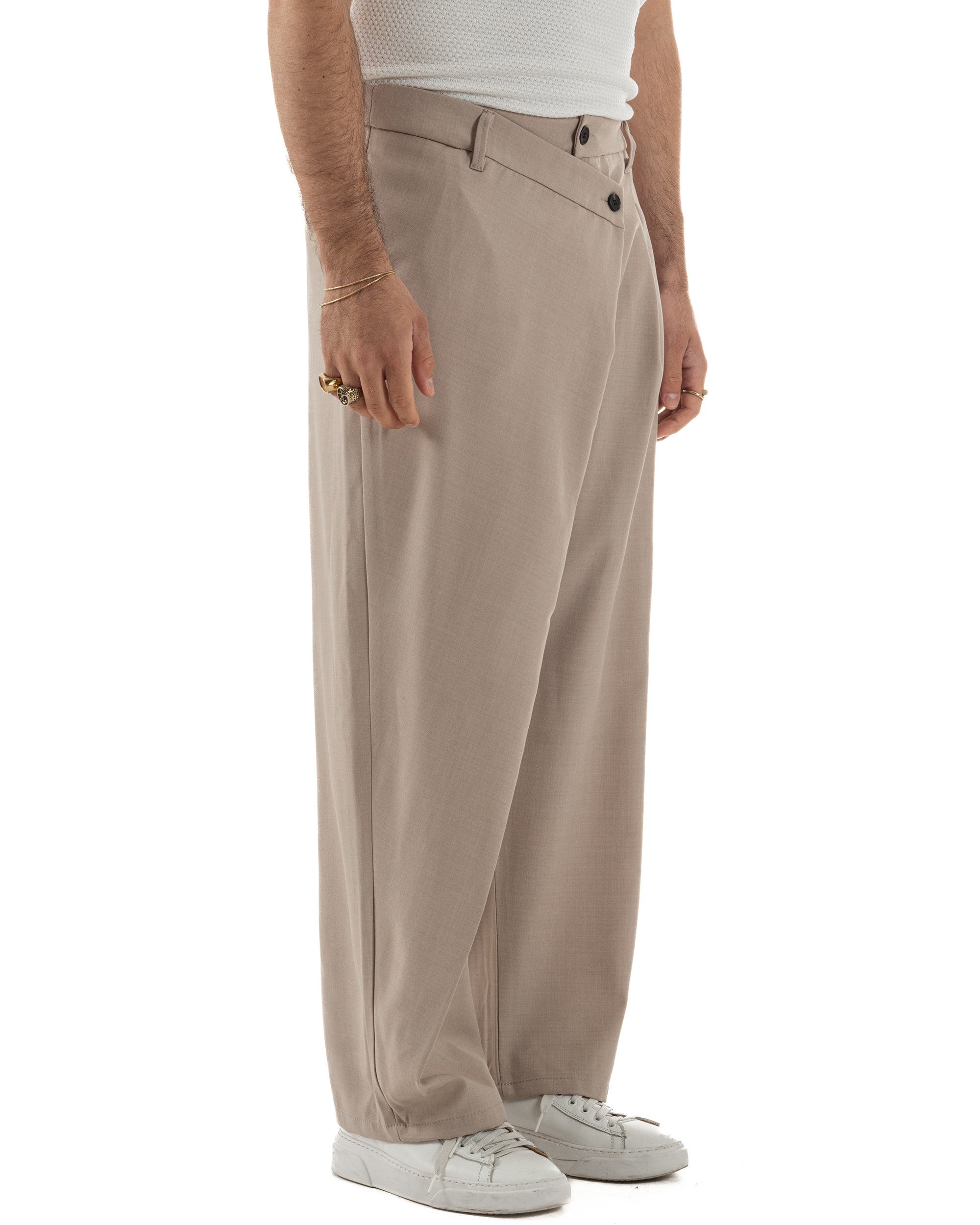 Pantaloni uomo viscosa baggy abbottonatura asimmetrica beige GIOSAL-P6466A