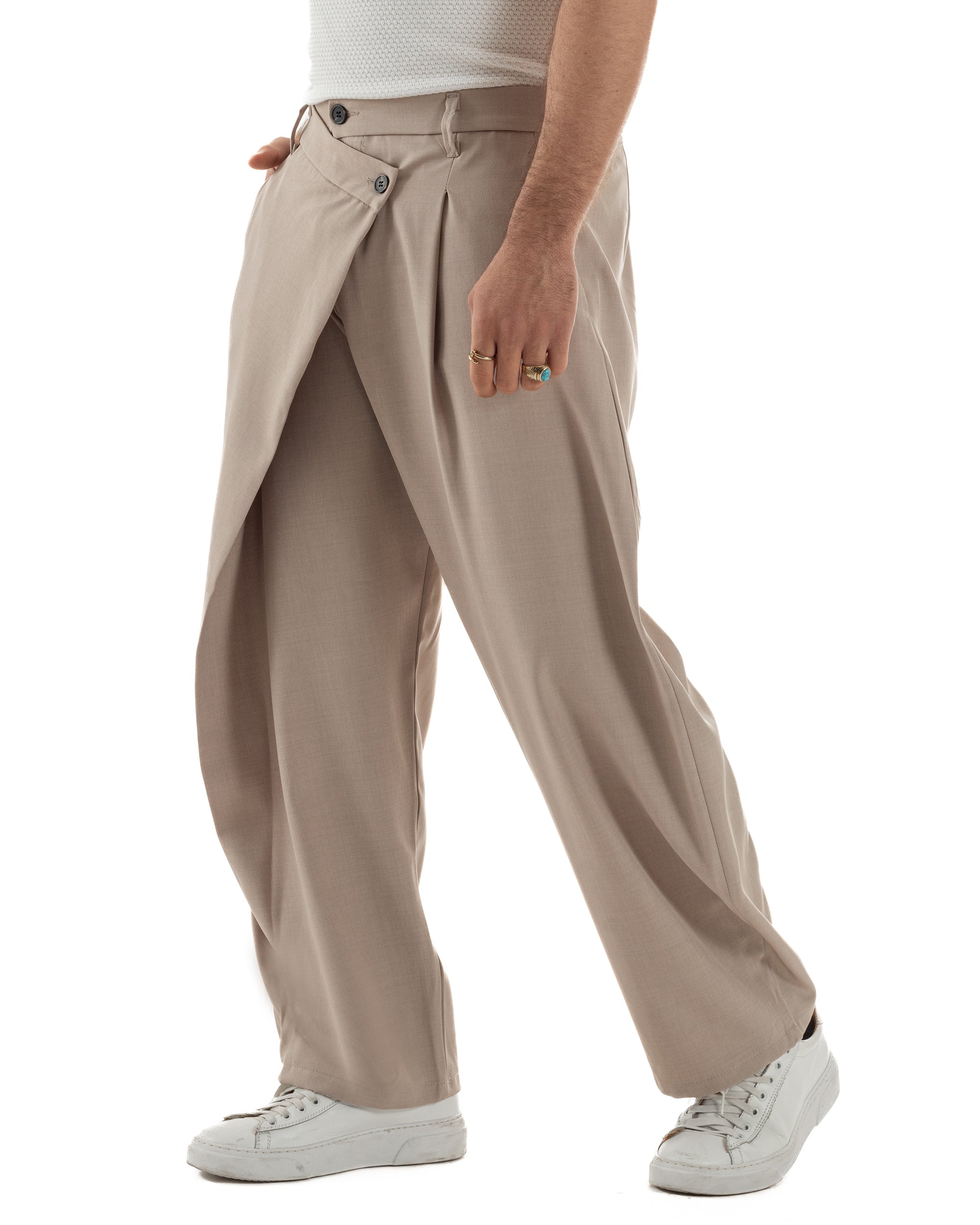 Pantaloni uomo viscosa baggy abbottonatura asimmetrica beige GIOSAL-P6466A