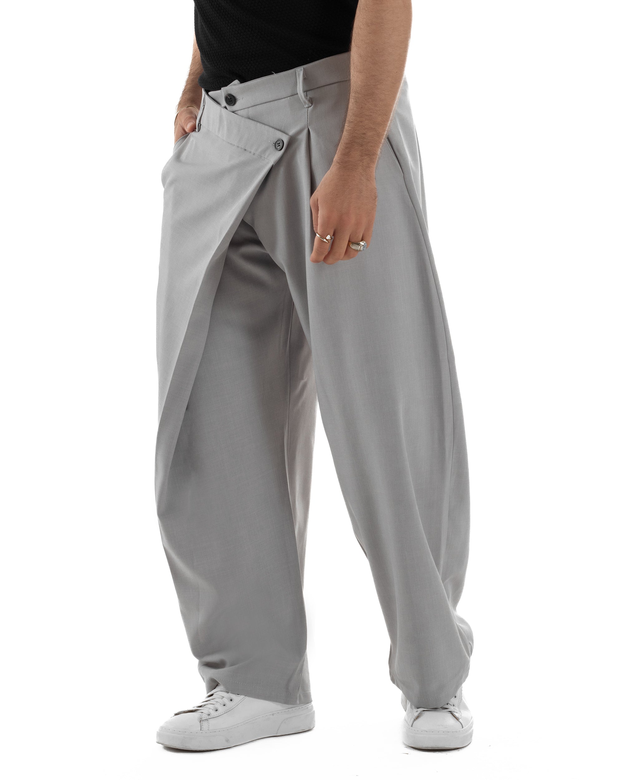 Pantaloni uomo viscosa baggy abbottonatura asimmetrica grigio GIOSAL-P6467A