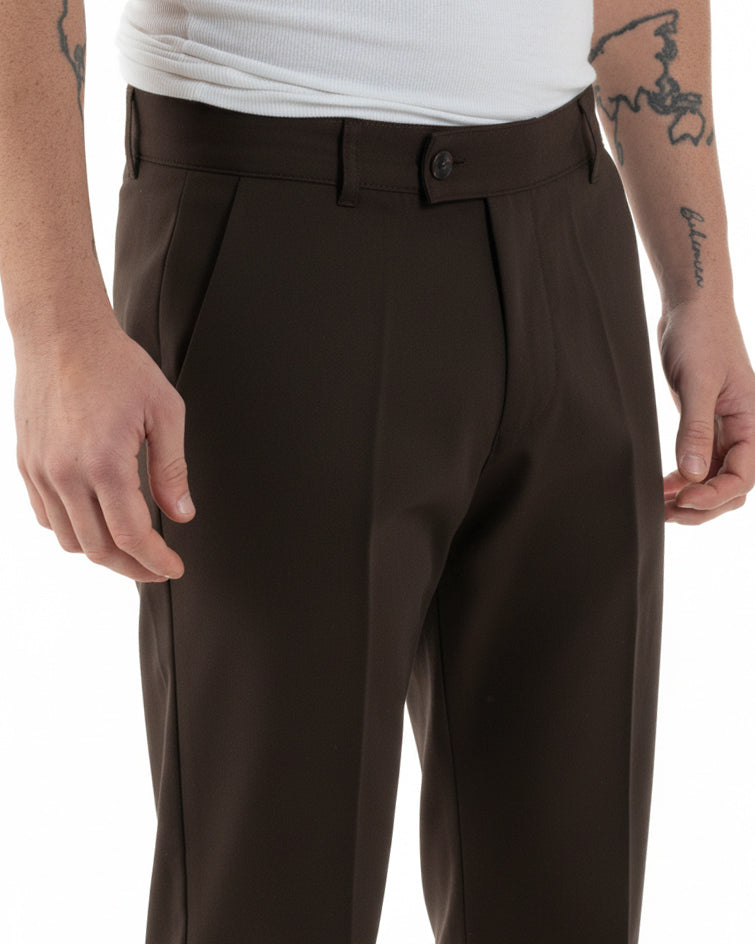 Pantaloni uomo viscosa leggera abbottonatura allungata tasche america classico marrone GIOSAL-P6468A