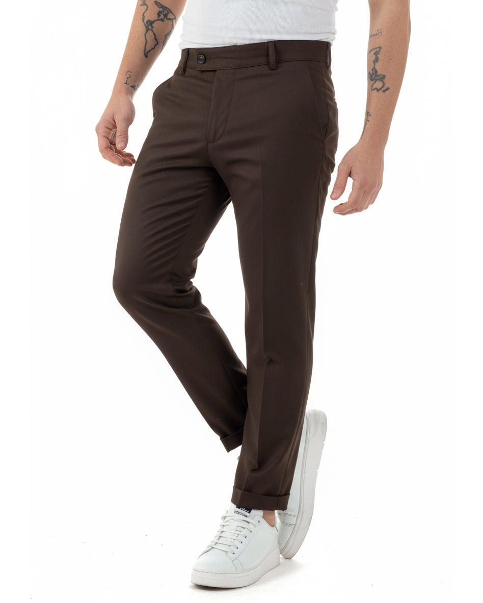 Pantaloni uomo viscosa leggera abbottonatura allungata tasche america classico marrone GIOSAL-P6468A