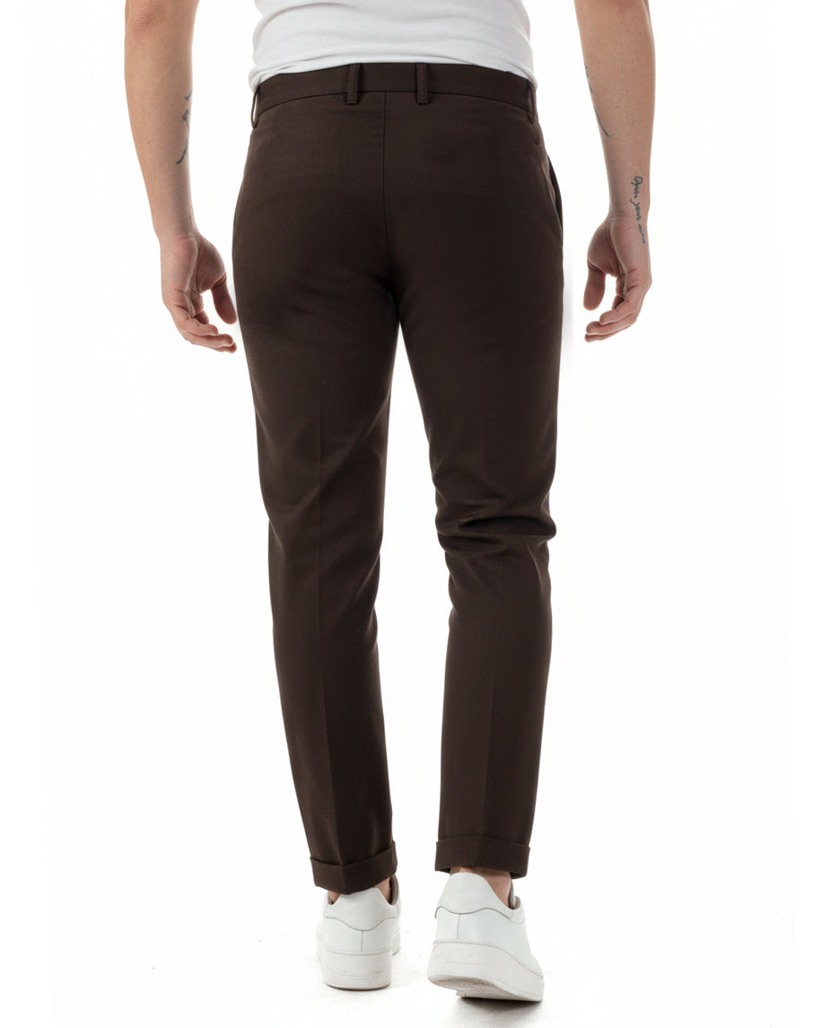 Pantaloni uomo viscosa leggera abbottonatura allungata tasche america classico marrone GIOSAL-P6468A
