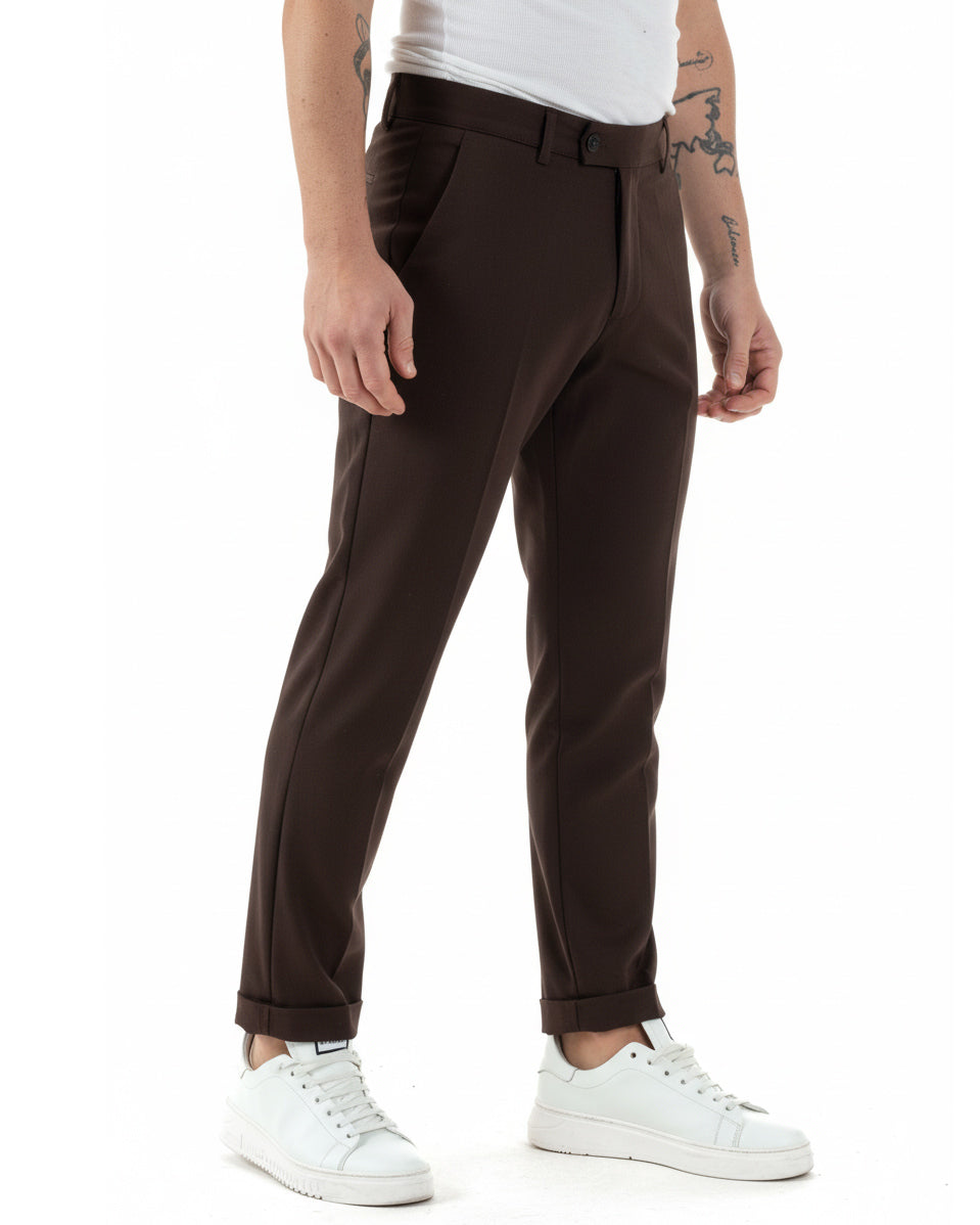 Pantaloni uomo viscosa leggera abbottonatura allungata tasche america classico marrone GIOSAL-P6468A