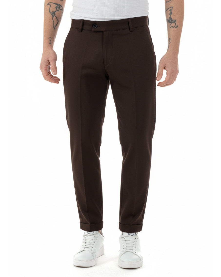 Pantaloni uomo viscosa leggera abbottonatura allungata tasche america classico marrone GIOSAL-P6468A