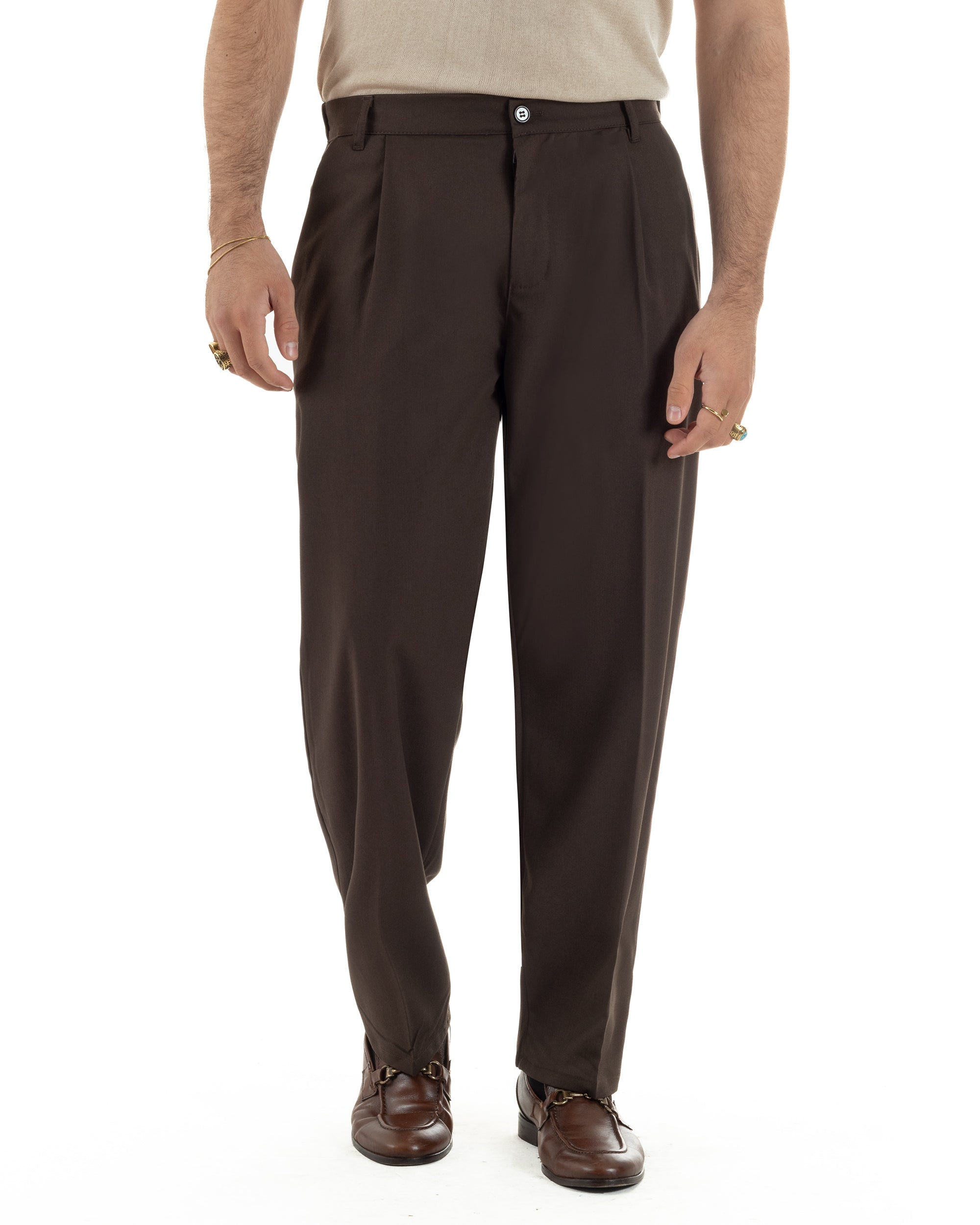 Pantaloni uomo marrone baggy pinces fondo largo relaxed fit viscosa leggero