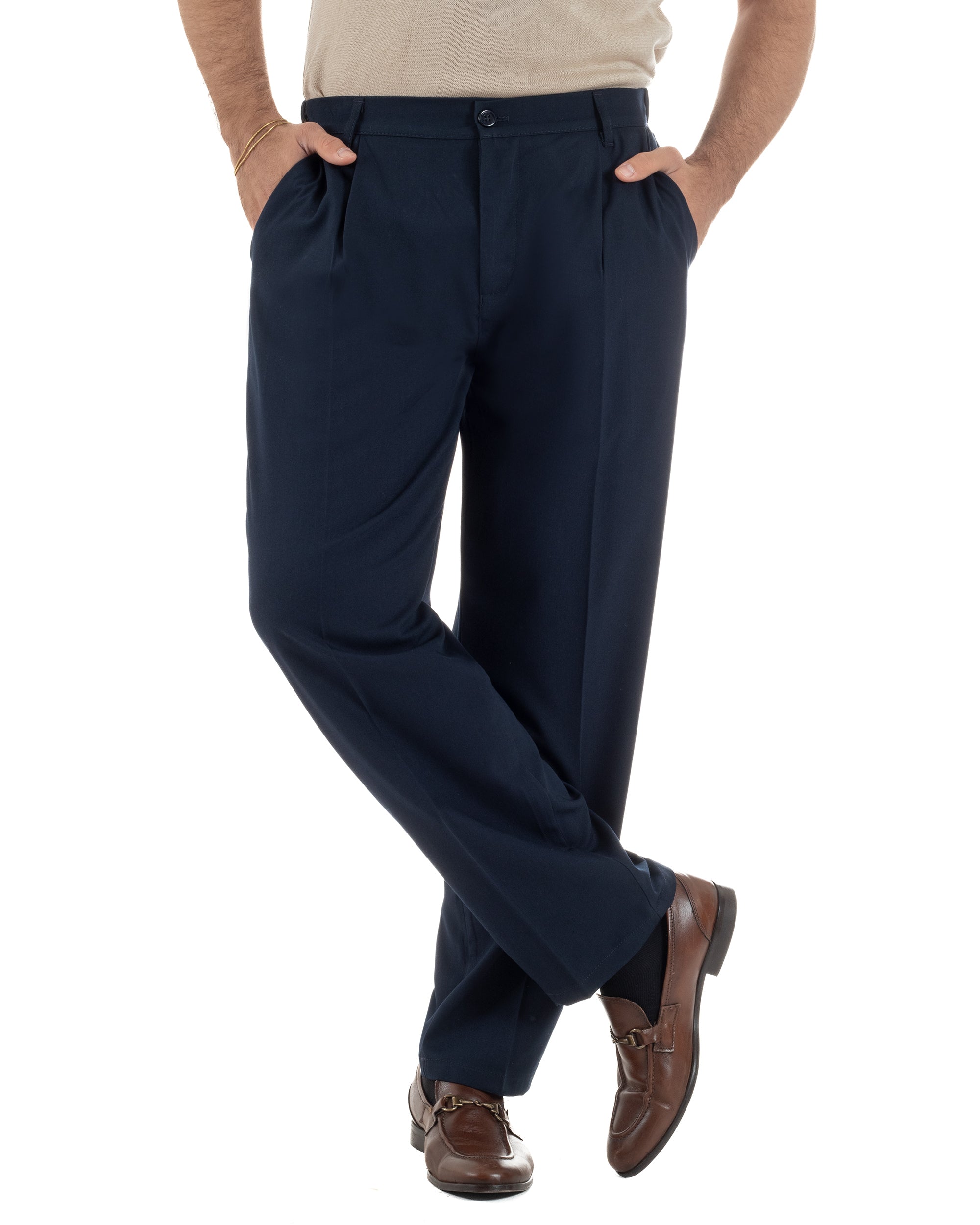 Pantaloni uomo blu baggy pinces fondo largo relaxed fit viscosa leggero
