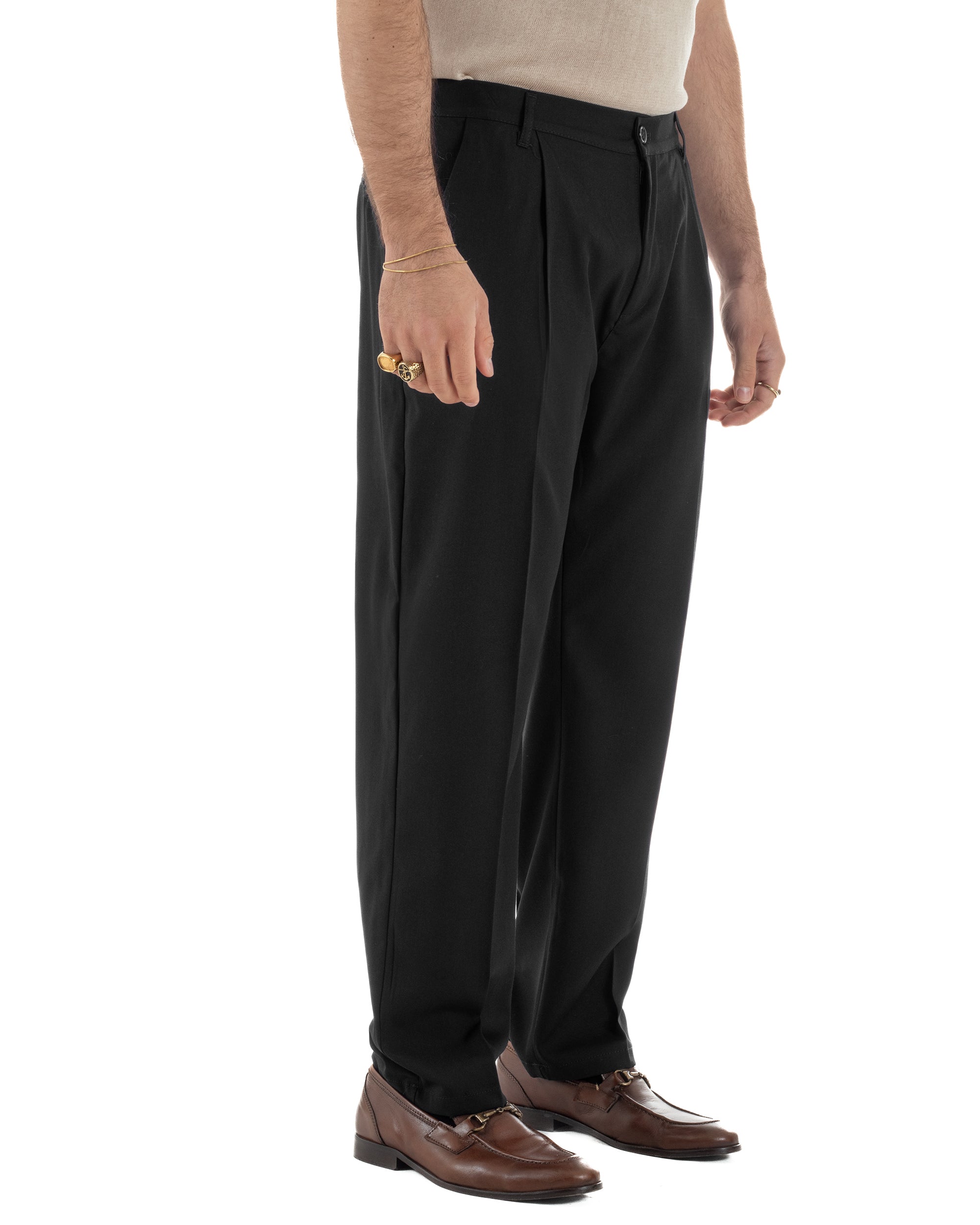 Pantaloni uomo viscosa leggero fondo largo baggy con pinces nero GIOSAL-P6471A