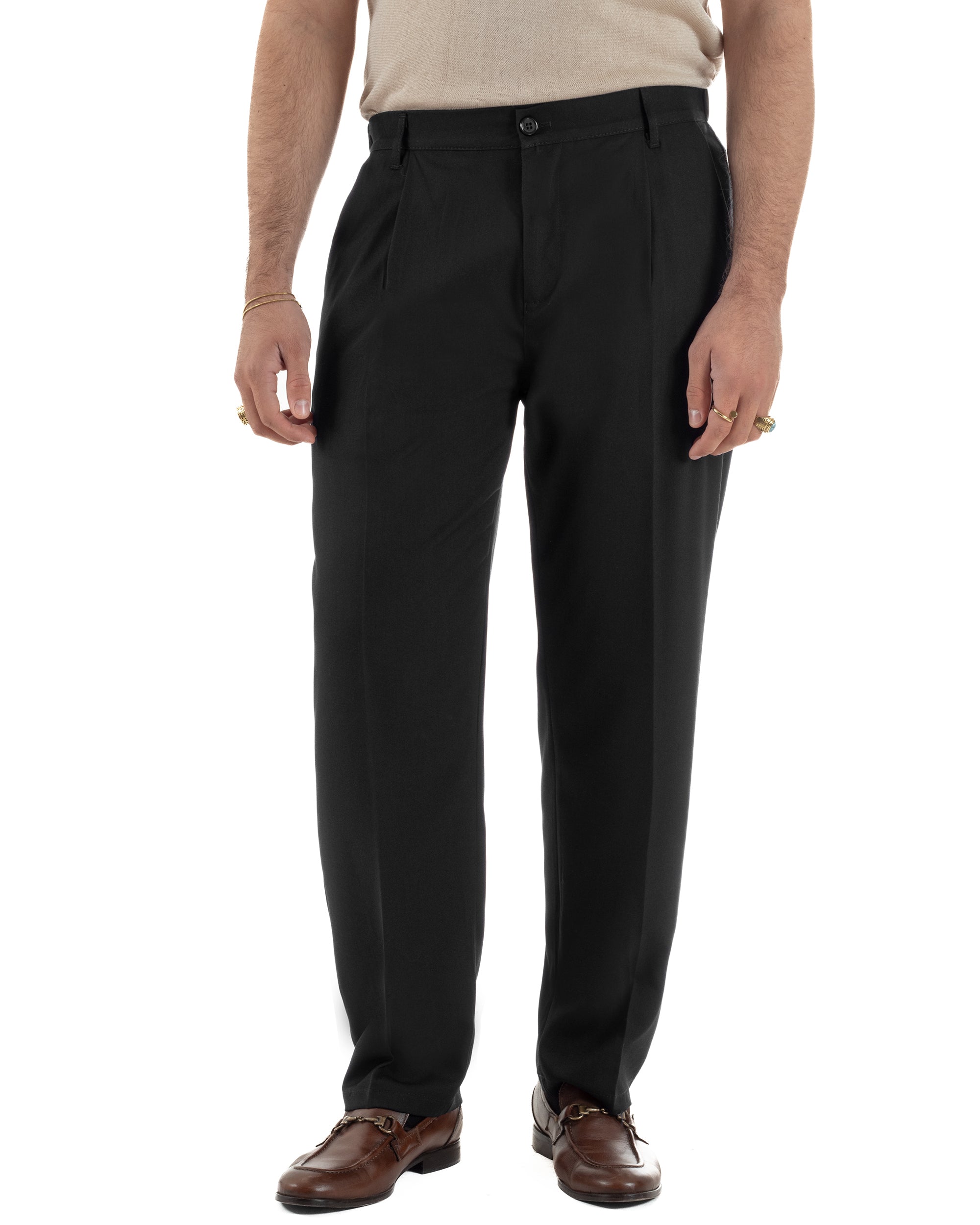 Pantaloni uomo nero baggy pinces fondo largo relaxed fit viscosa leggero