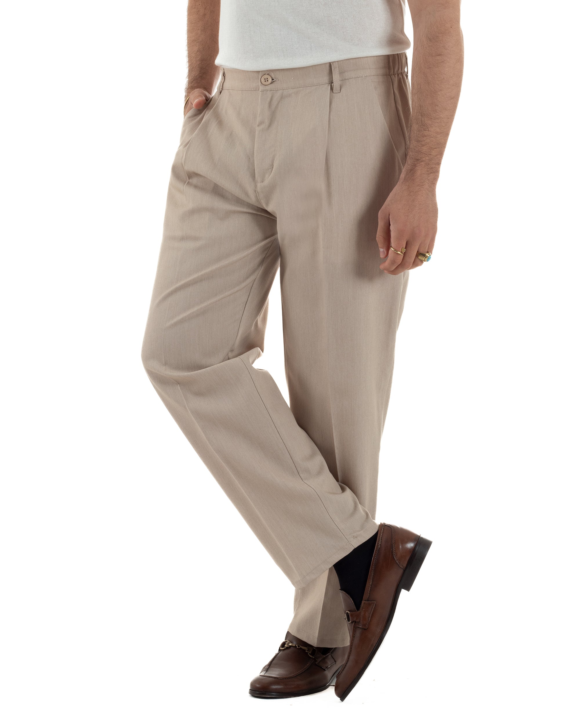 Vista completa pantaloni uomo beige baggy pinces fondo largo made in Italy