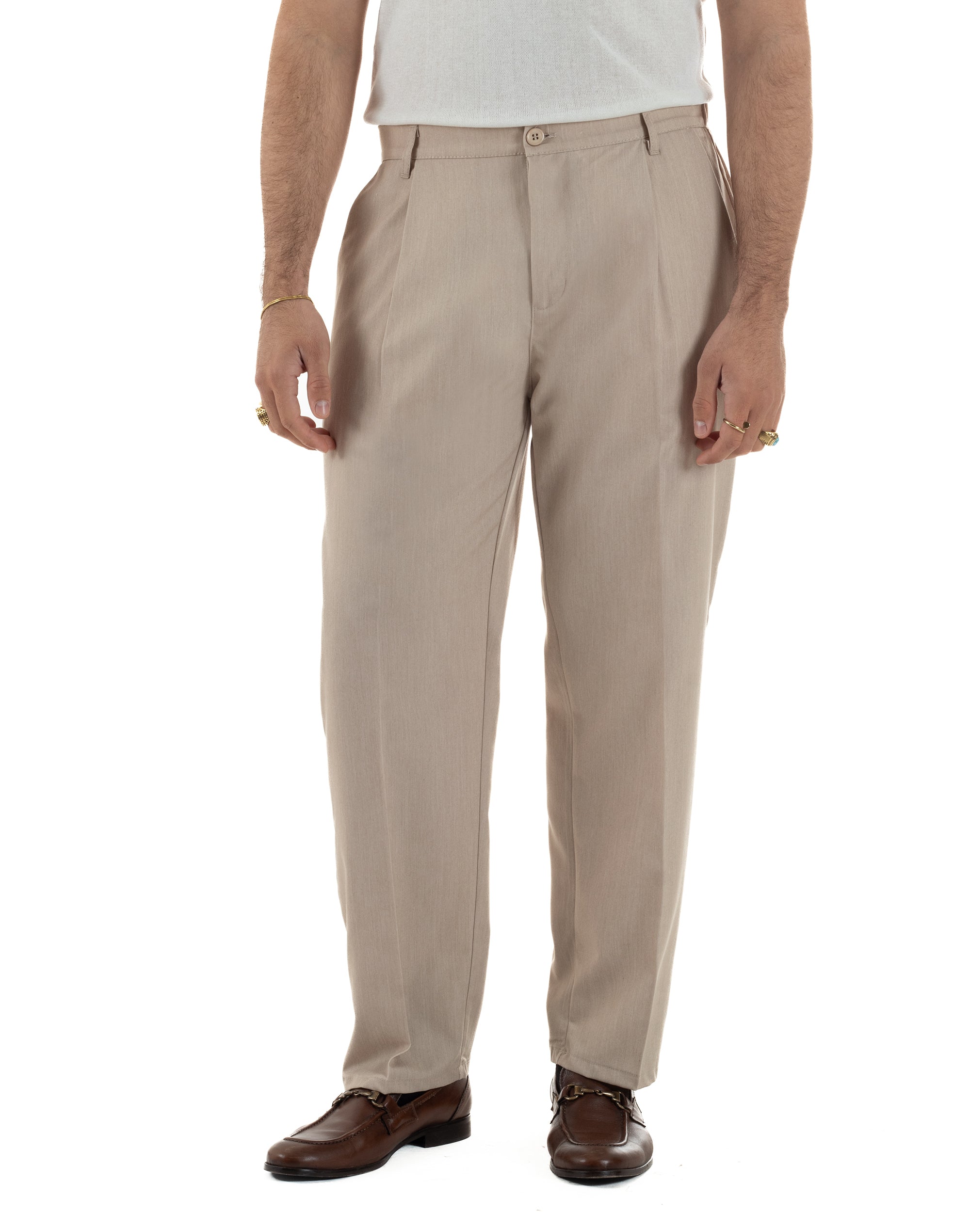 Pantaloni uomo beige baggy pinces fondo largo relaxed fit viscosa leggero
