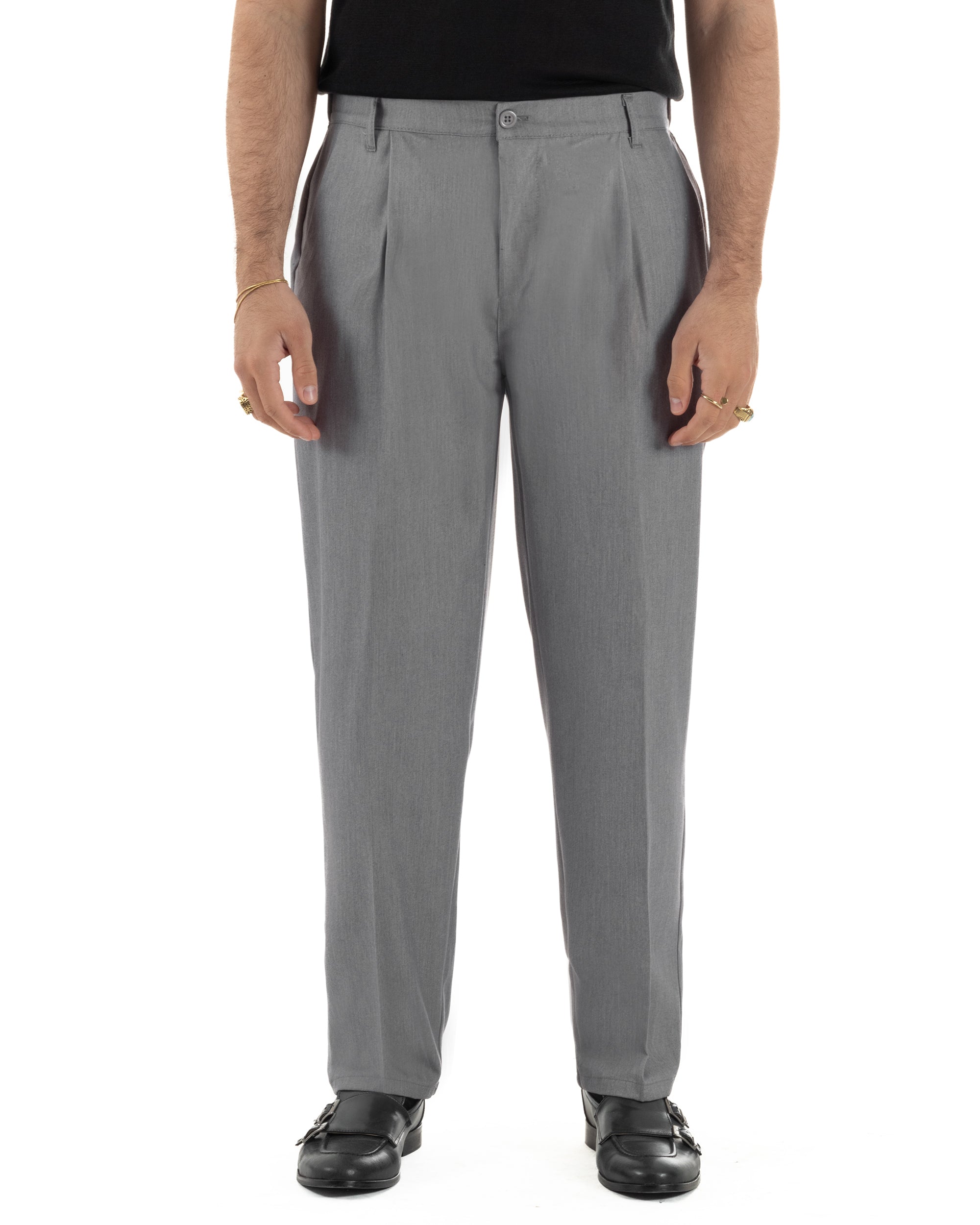 Pantalone uomo grigio relaxed fit baggy pinces passanti cintura poliestere rayon