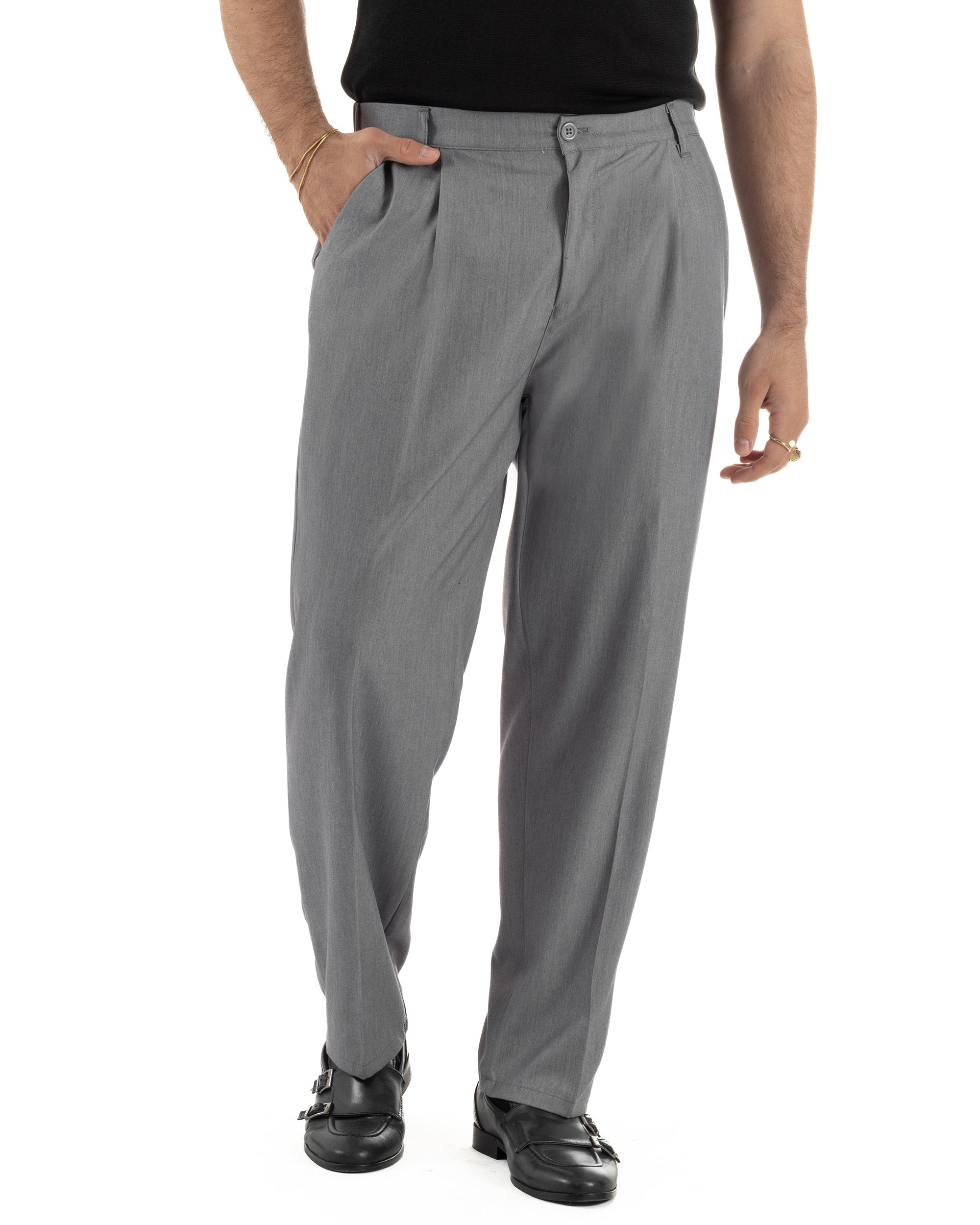 Pantaloni baggy grigio uomo fondo largo pinces viscosa relaxed fit eleganti