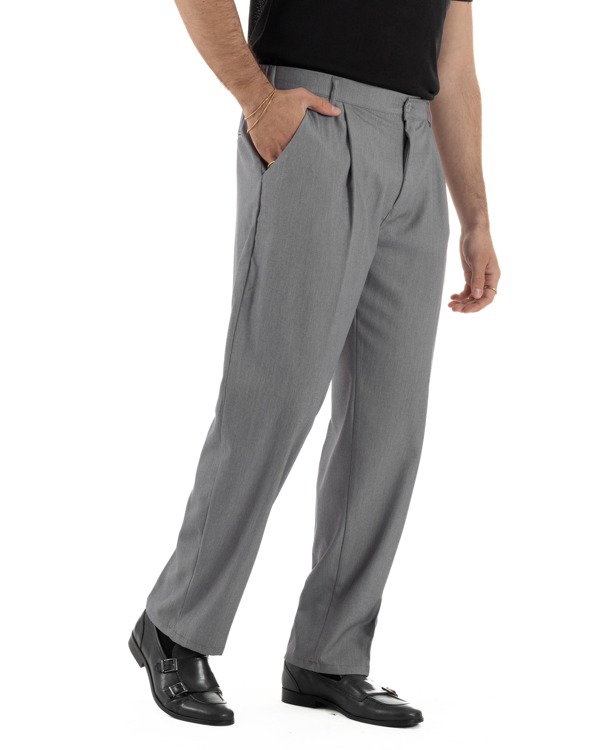 Pantaloni uomo grigi a vita alta pinces doppie gamba larga fluida casual