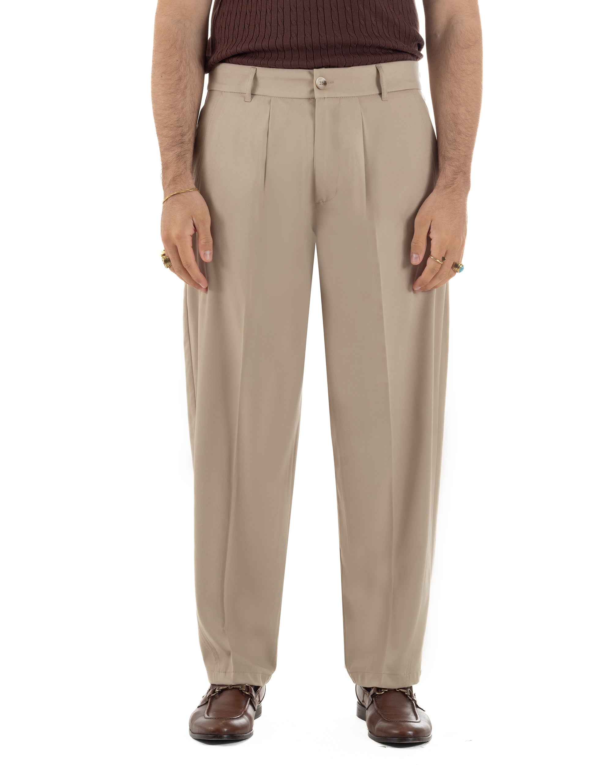 Pantaloni uomo viscosa pinces barrel fit strutturato beige GIOSAL-P6478A