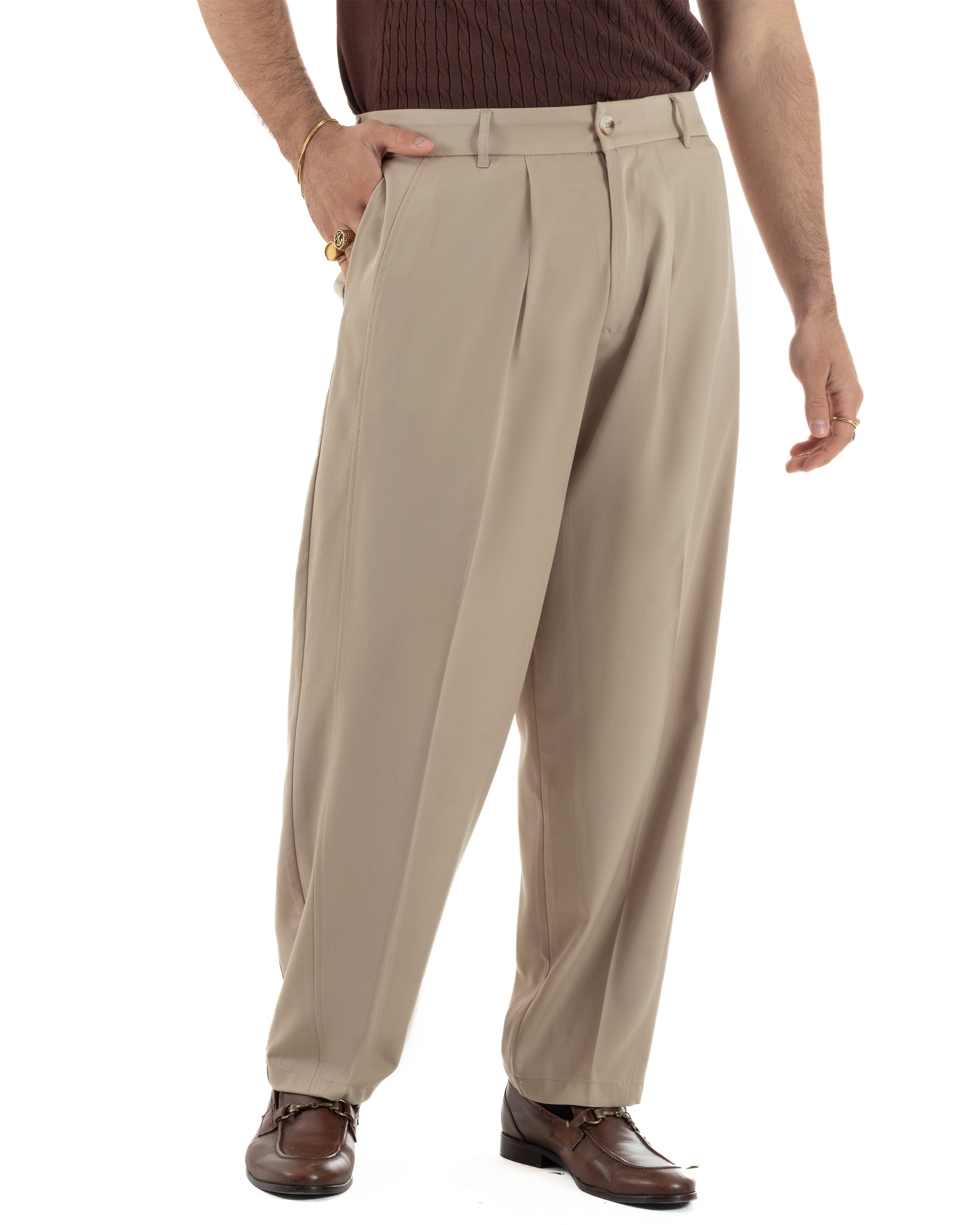 Pantaloni uomo viscosa pinces barrel fit strutturato beige GIOSAL-P6478A