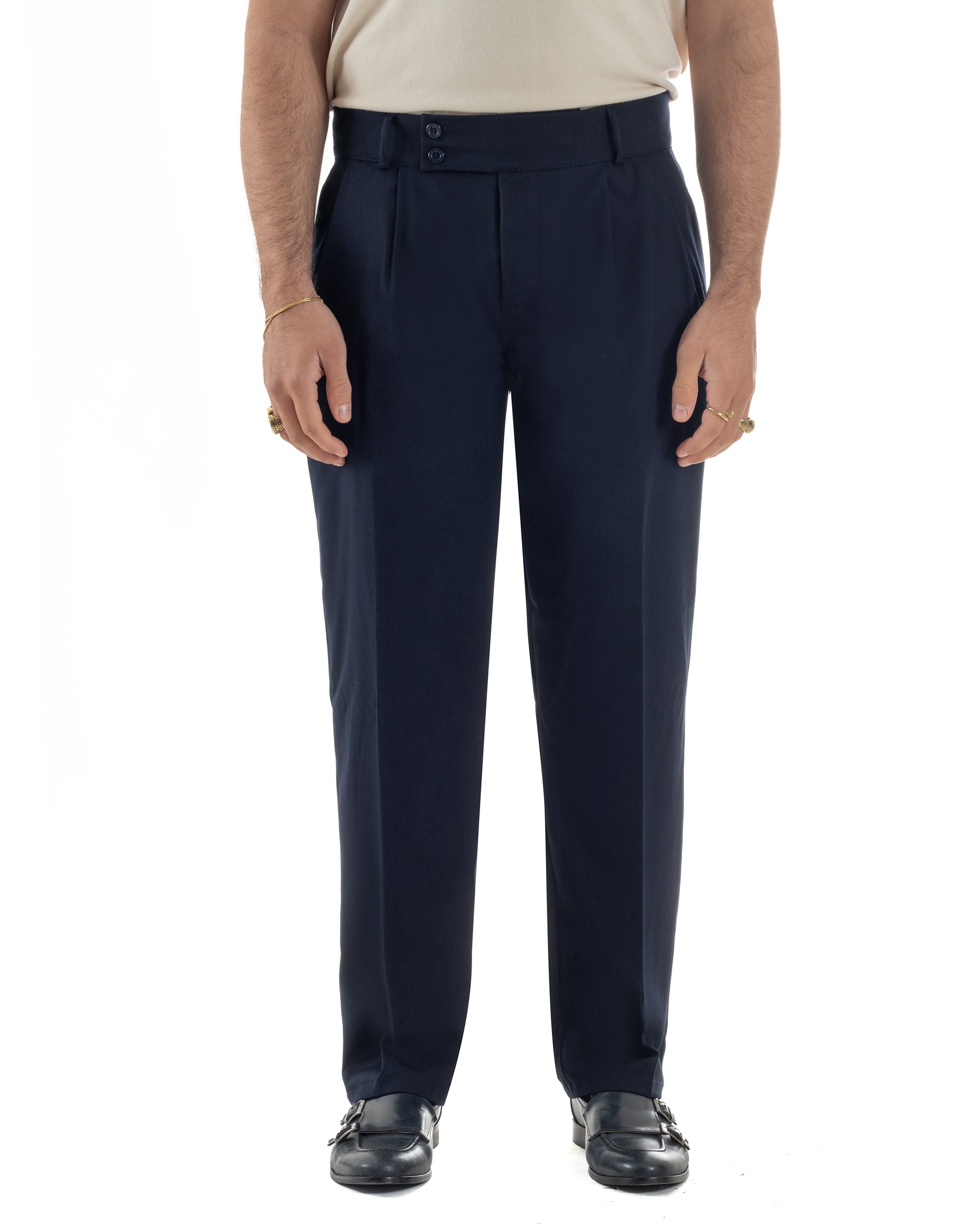 Pantaloni uomo blu vita alta doppia pinces frontale taglio dritto morbido
