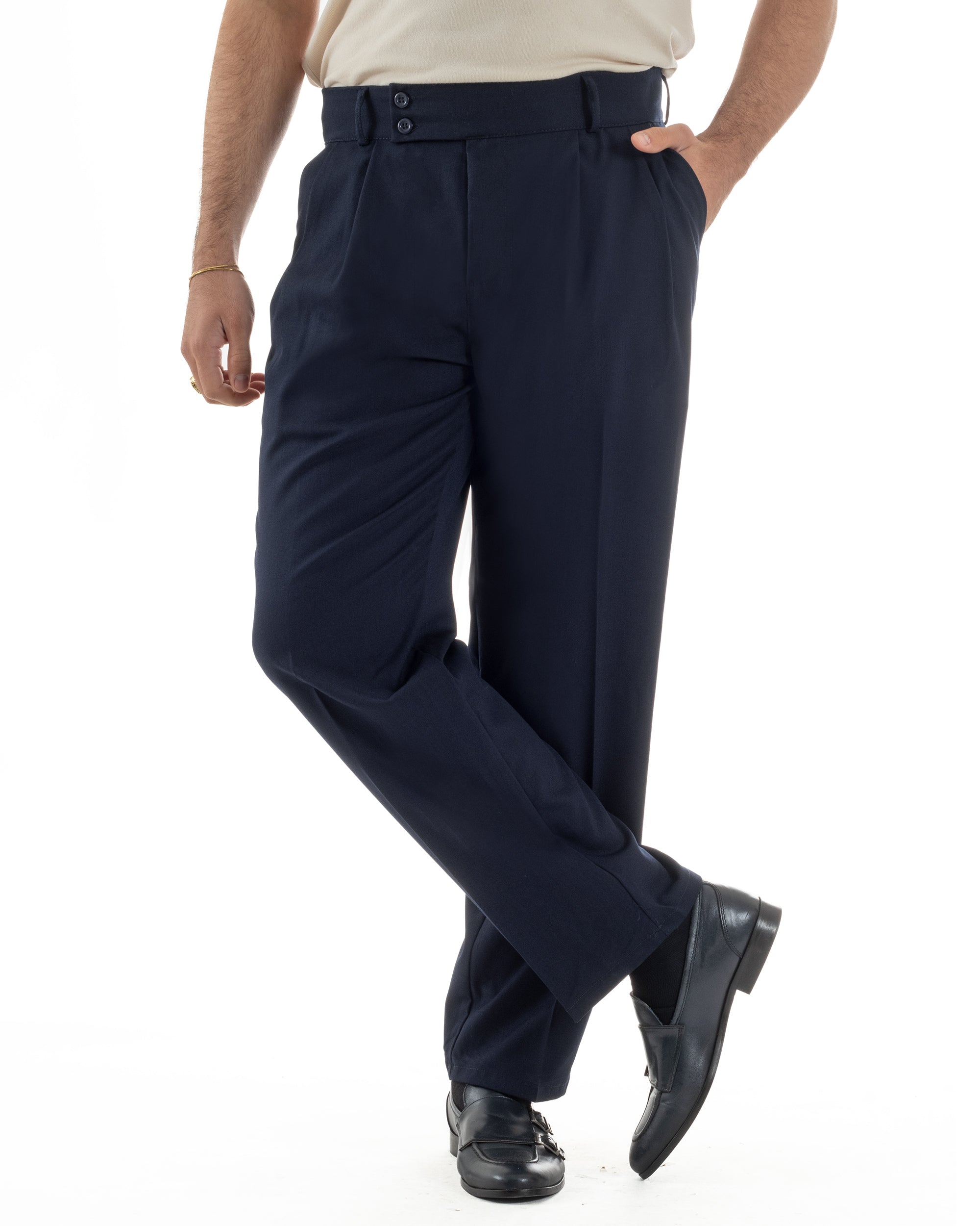 Pantaloni uomo blu baggy wide leg doppia pinces vita alta sartoriale elegante
