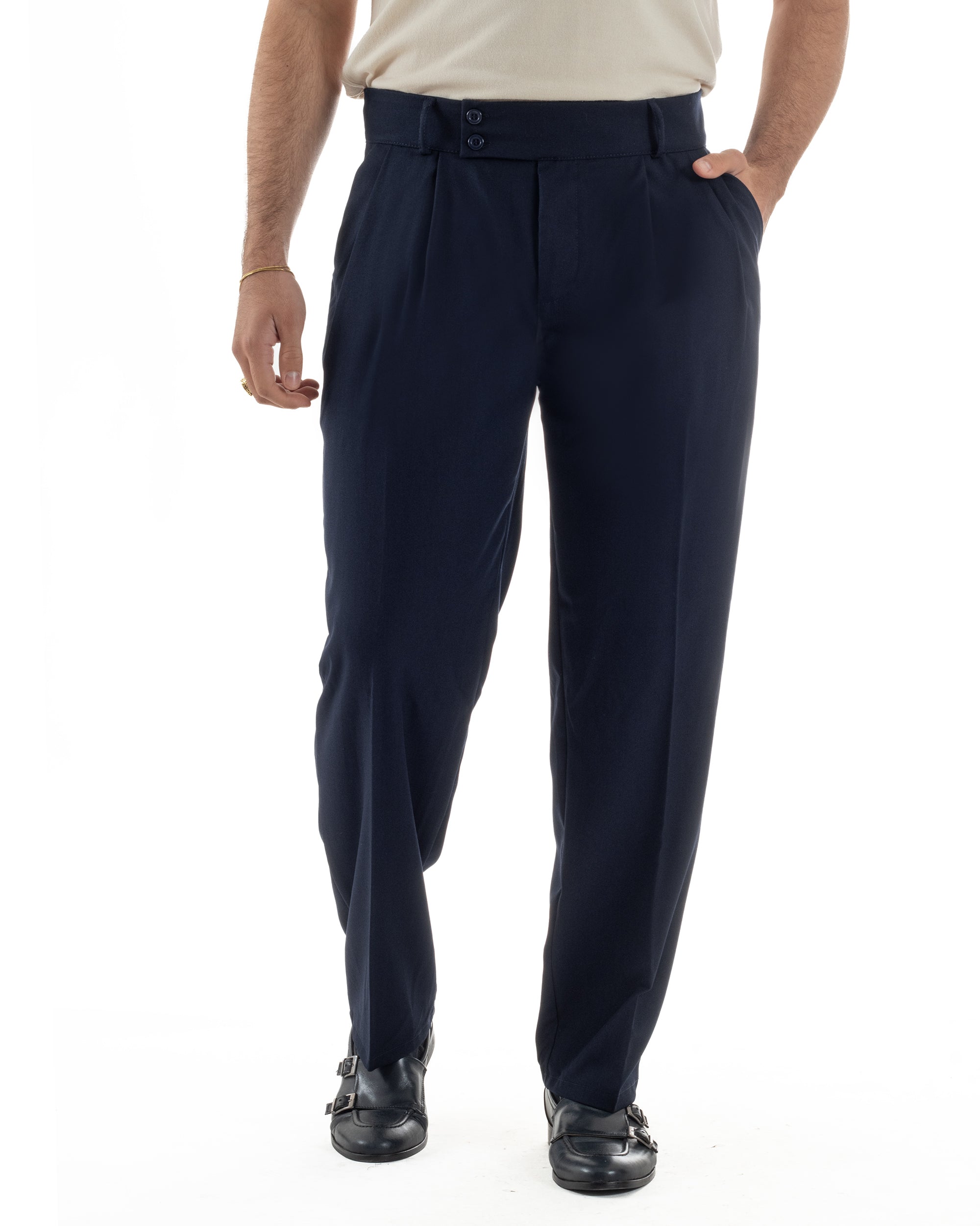 Pantalone blu uomo fondo ampio wide leg abbottonatura allungata doppio bottone