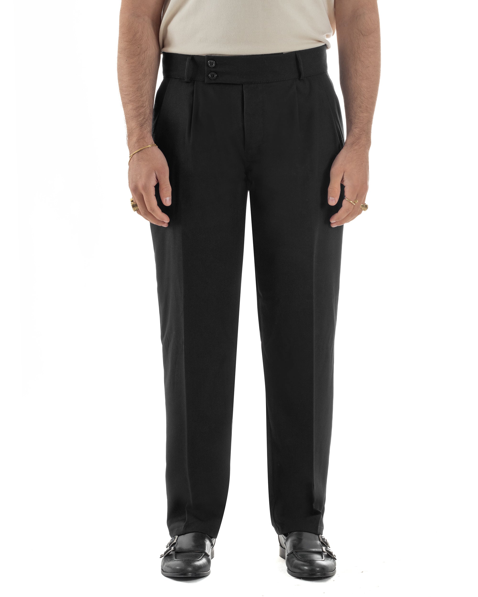 Pantaloni uomo nero vita alta doppia pinces frontale taglio dritto morbido