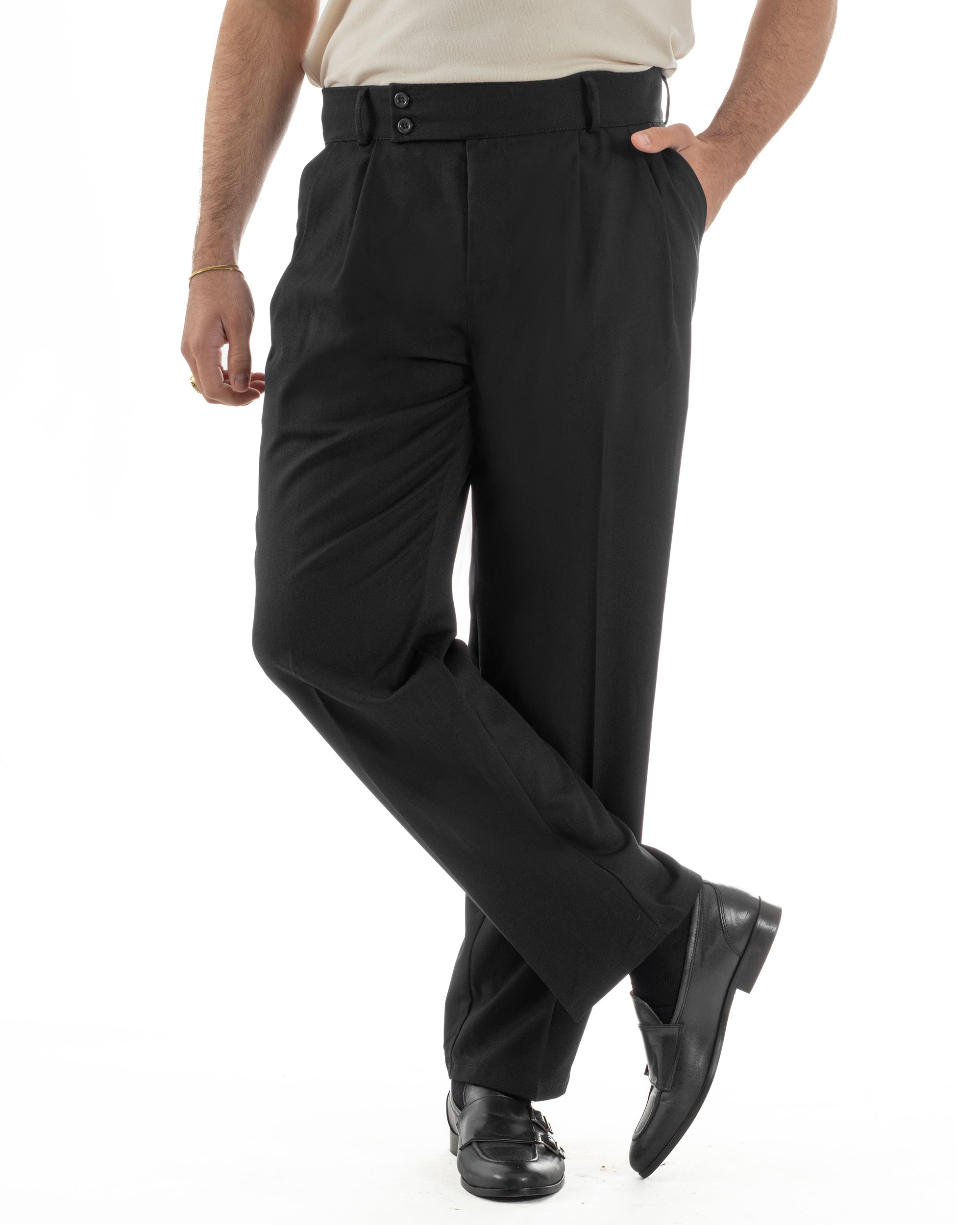 Pantaloni uomo nero baggy wide leg doppia pinces vita alta sartoriale elegante