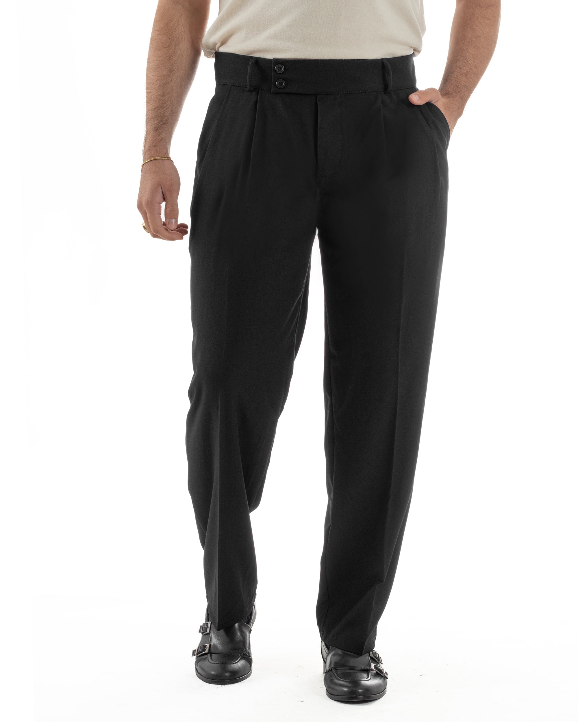 Pantalone nero uomo fondo ampio wide leg abbottonatura allungata doppio bottone