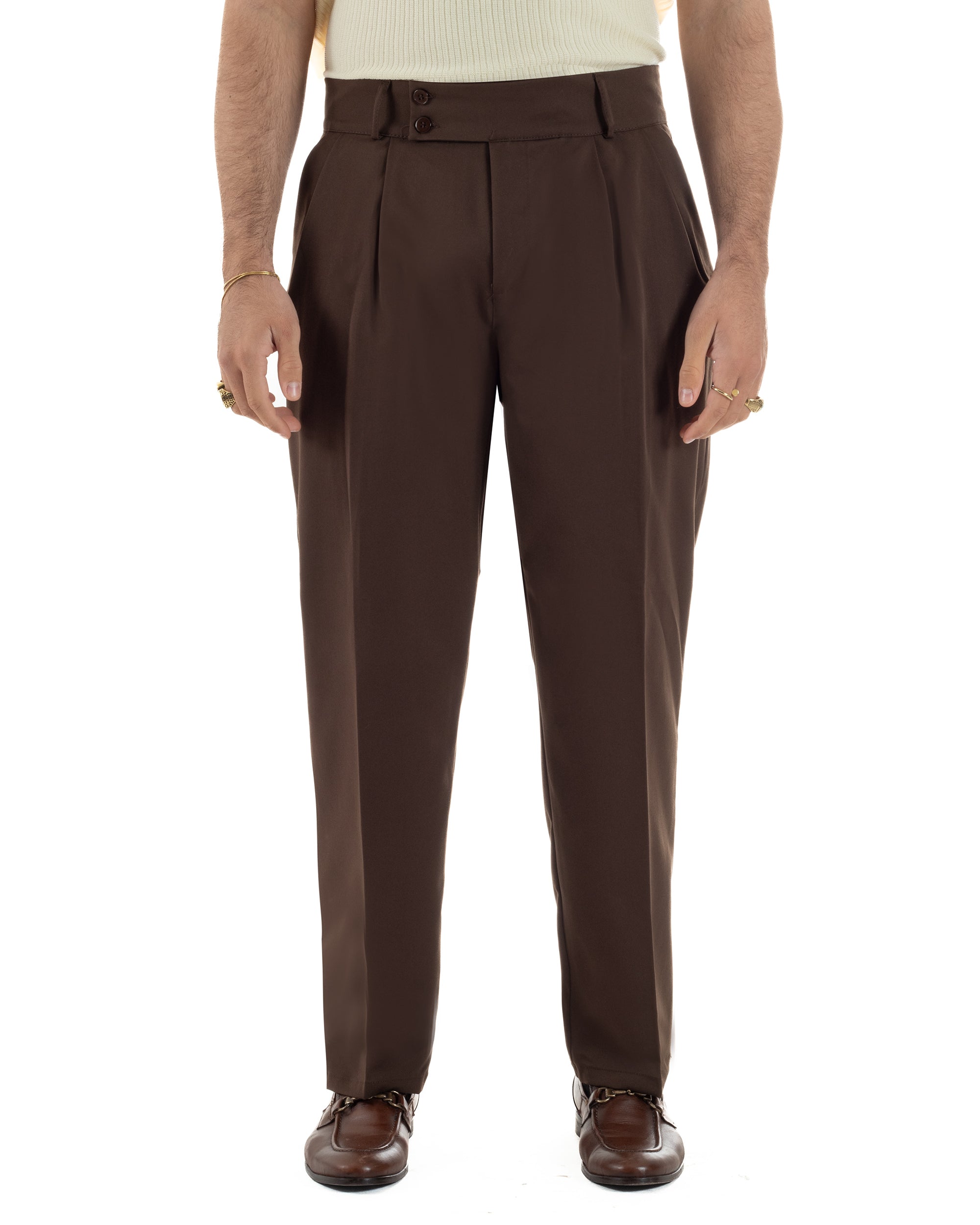 Pantaloni uomo marrone vita alta doppia pinces frontale taglio dritto morbido