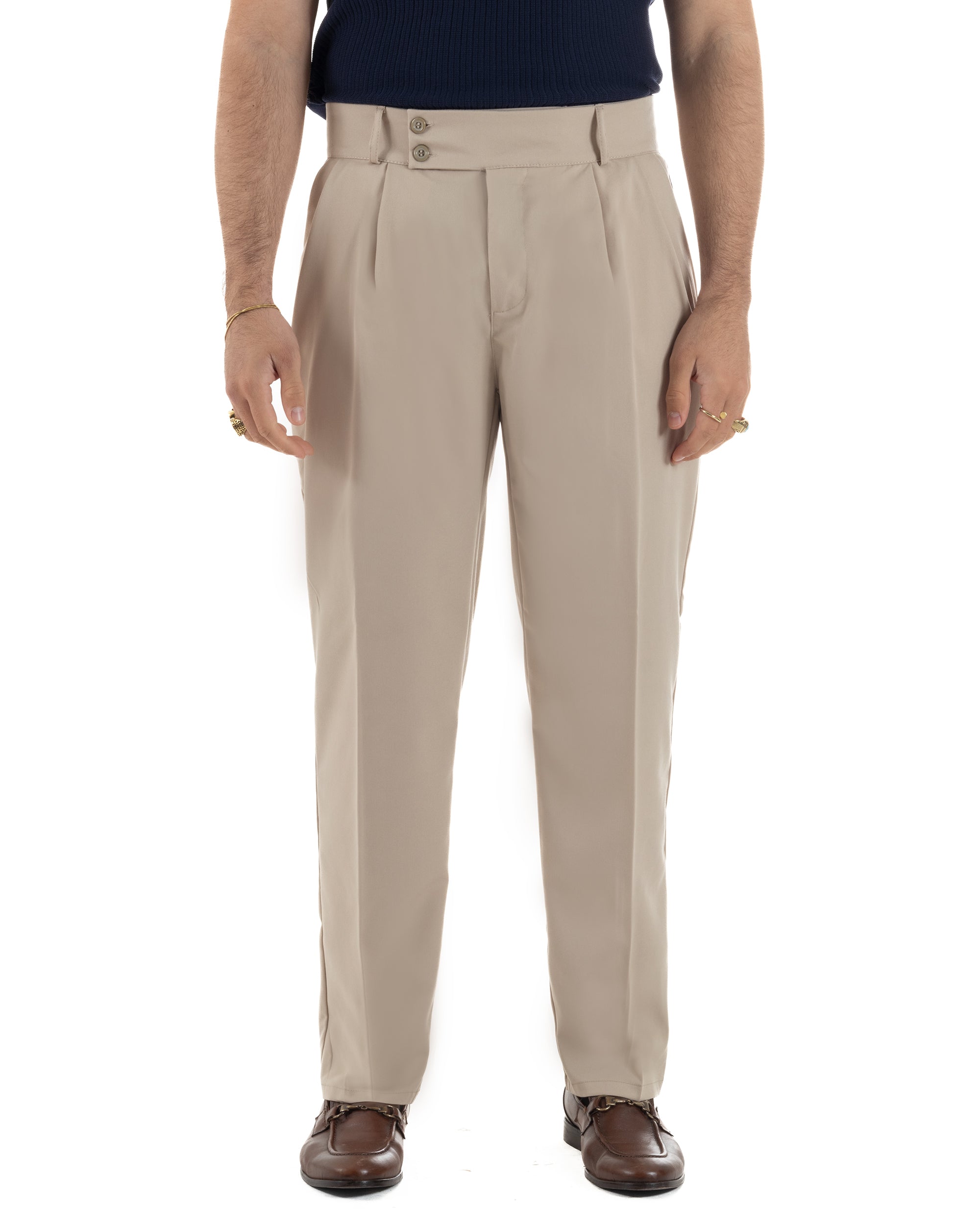 Vista completa pantalone uomo beige wide leg baggy viscosa poliestere casual elegante