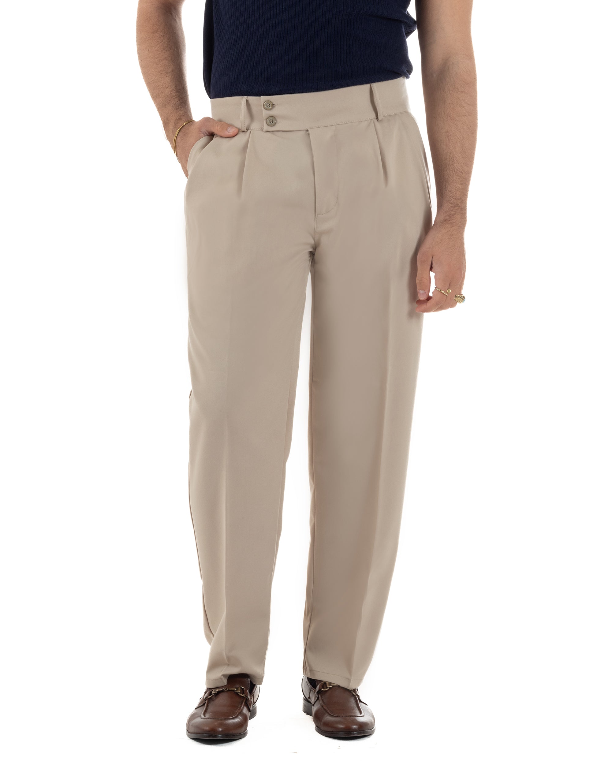 Pantaloni uomo beige baggy wide leg doppia pinces vita alta sartoriale elegante