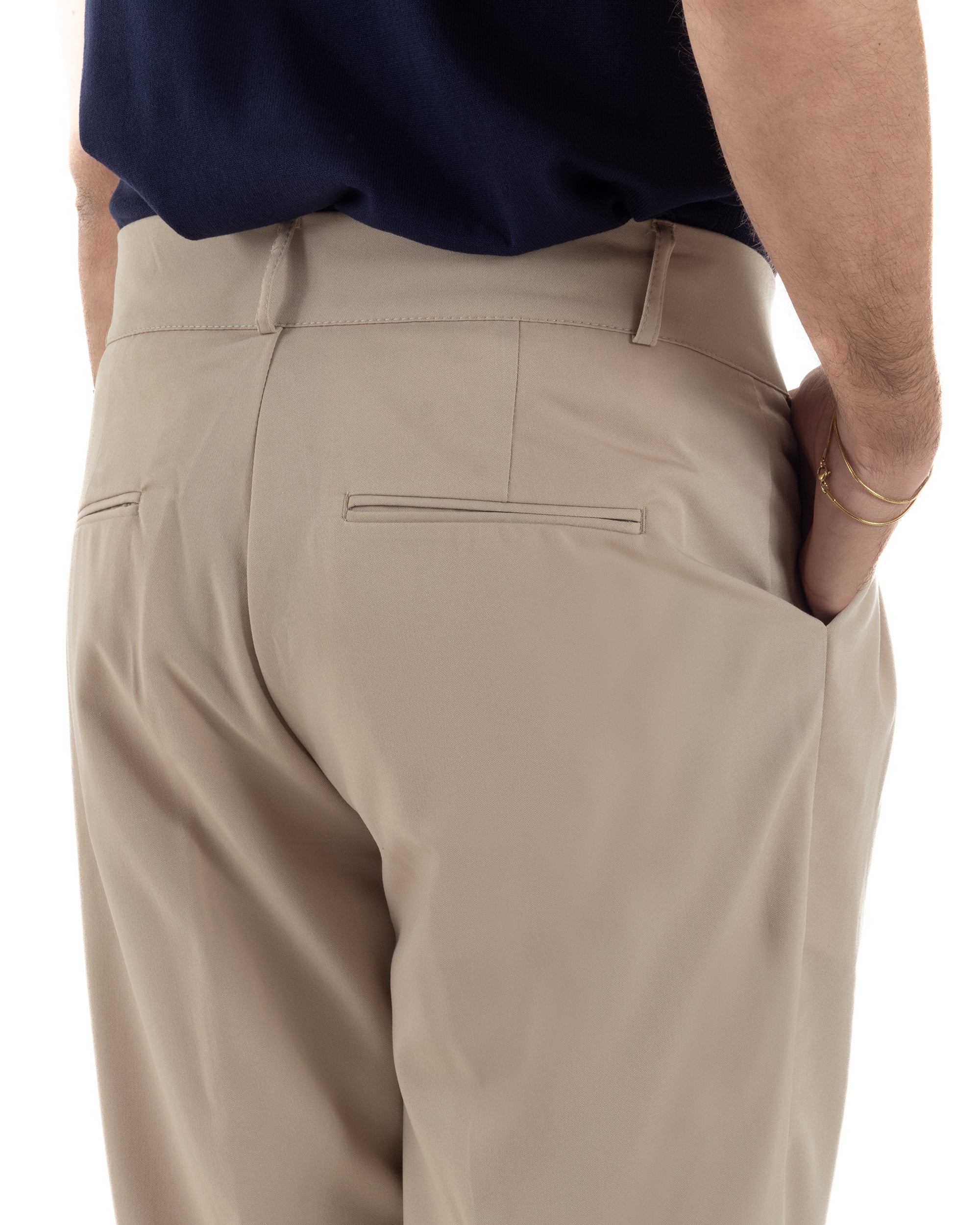 Pantaloni uomo beige vita alta doppia pinces frontale taglio dritto morbido