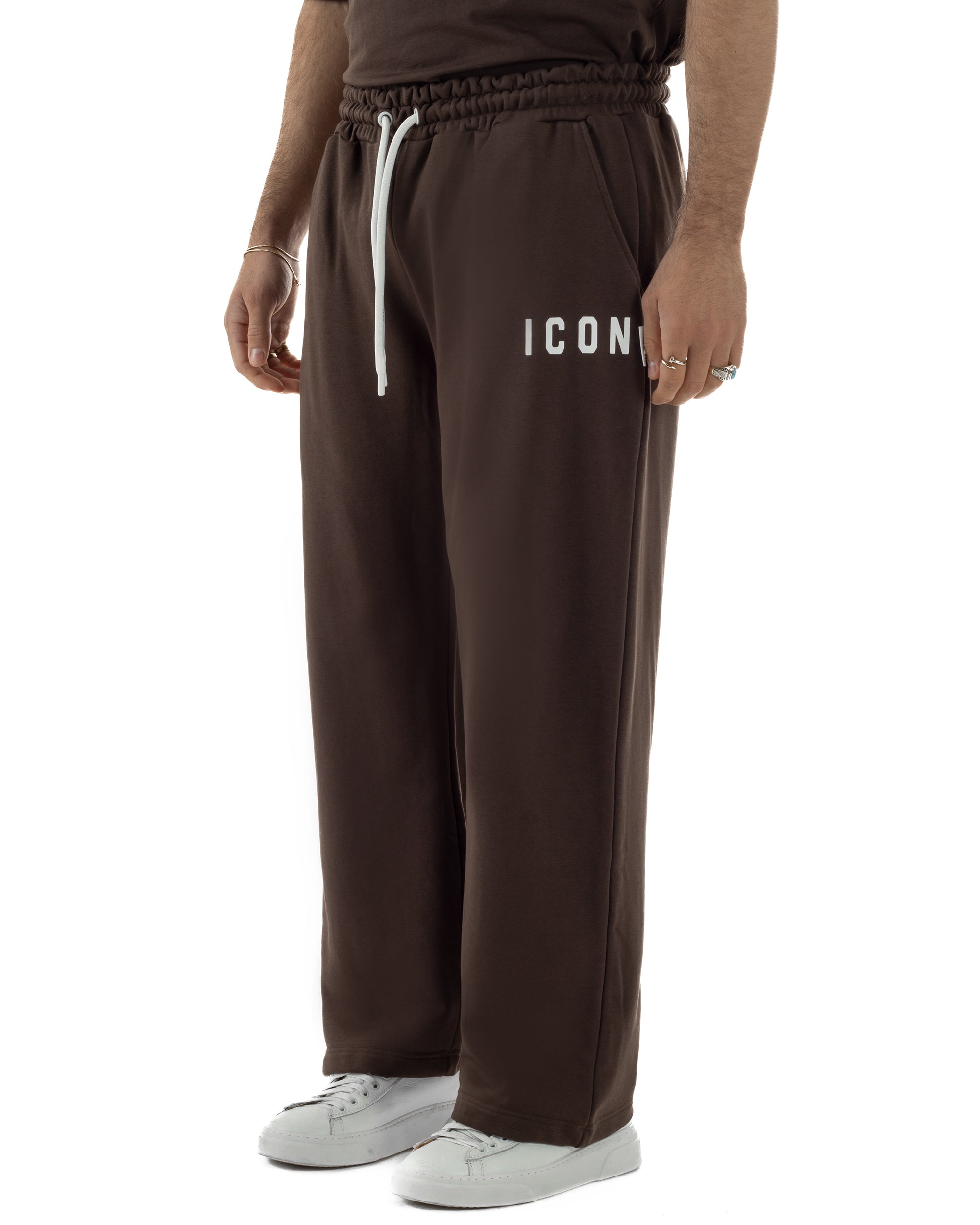 Pantaloni uomo baggy pantalaccio tuta cotone basic logo marrone ICON IUP001