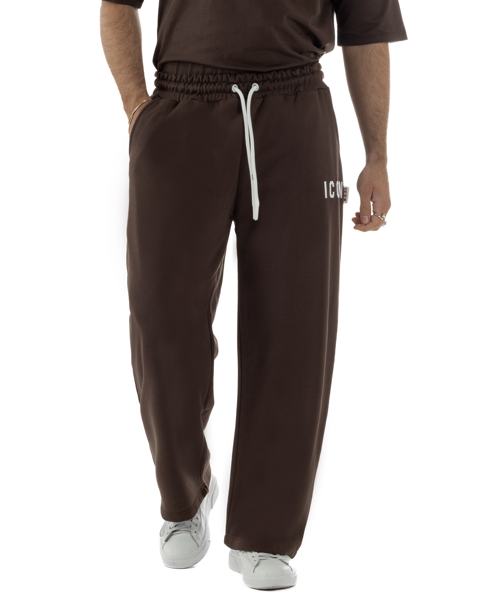 Pantaloni uomo baggy pantalaccio tuta cotone basic logo marrone ICON IUP001