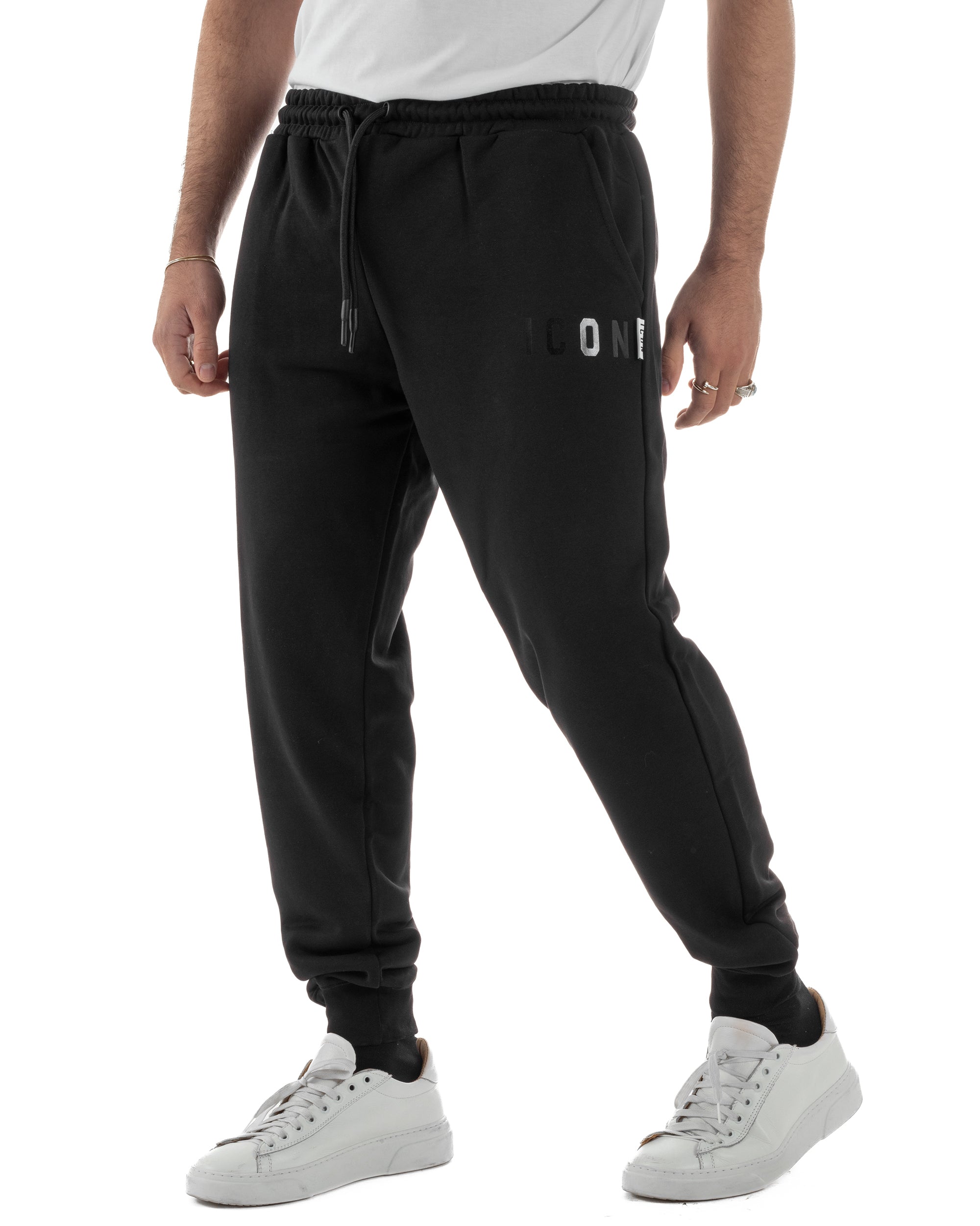 Pantaloni uomo pantalaccio tuta cotone logo basic nero ICON IUP003