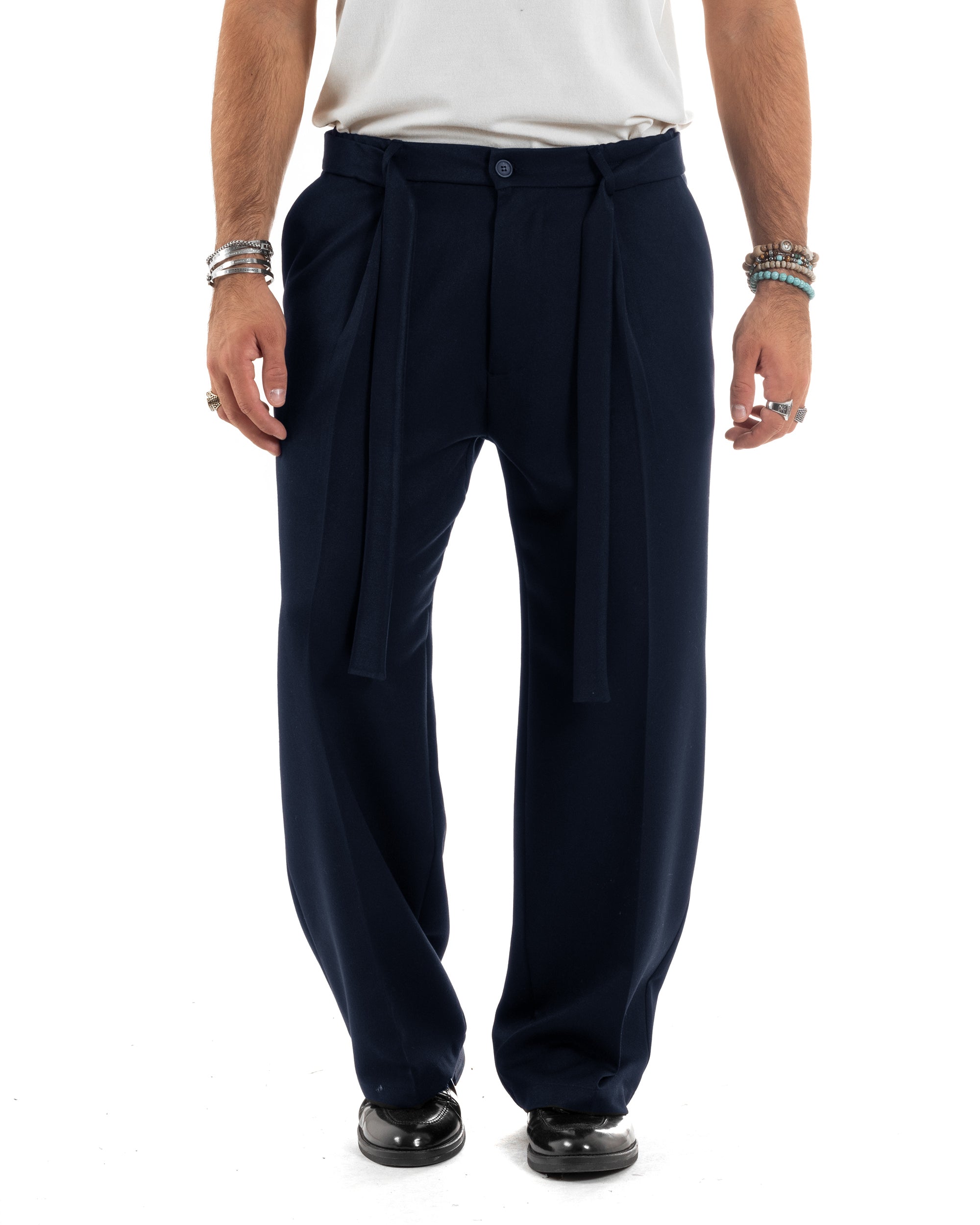 Pantalone blu uomo fondo largo fusciacca vita tasche america casual chic