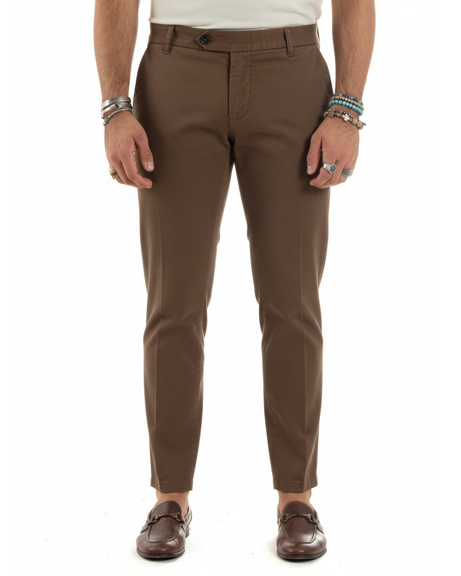 Pantaloni uomo chino abbottonatura allungata tasche america capri cotone estivo slim marrone BlackSunday P6488A
