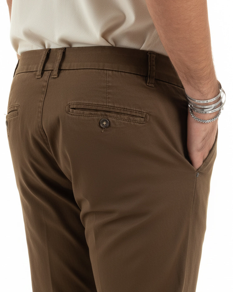 Pantaloni uomo chino abbottonatura allungata tasche america capri cotone estivo slim marrone BlackSunday P6488A
