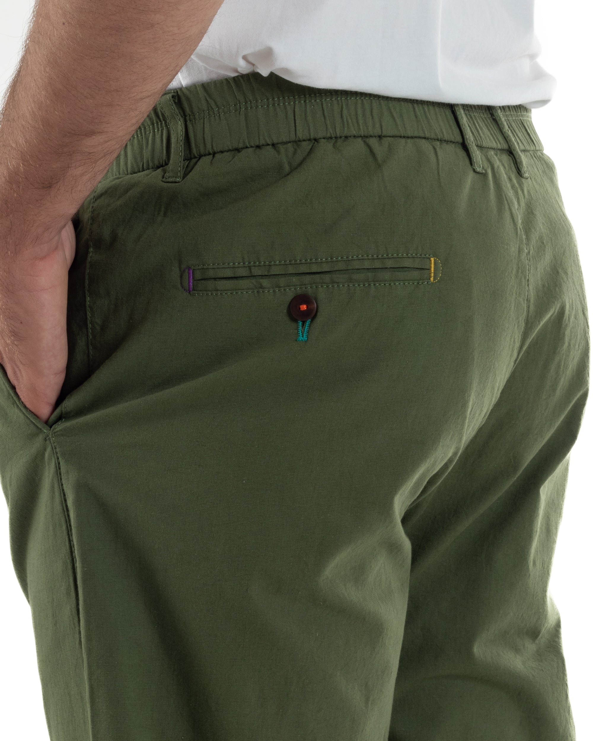 Pantaloni uomo pantalaccio chino lino elastico sul retro verde militare BERNA M-261237
