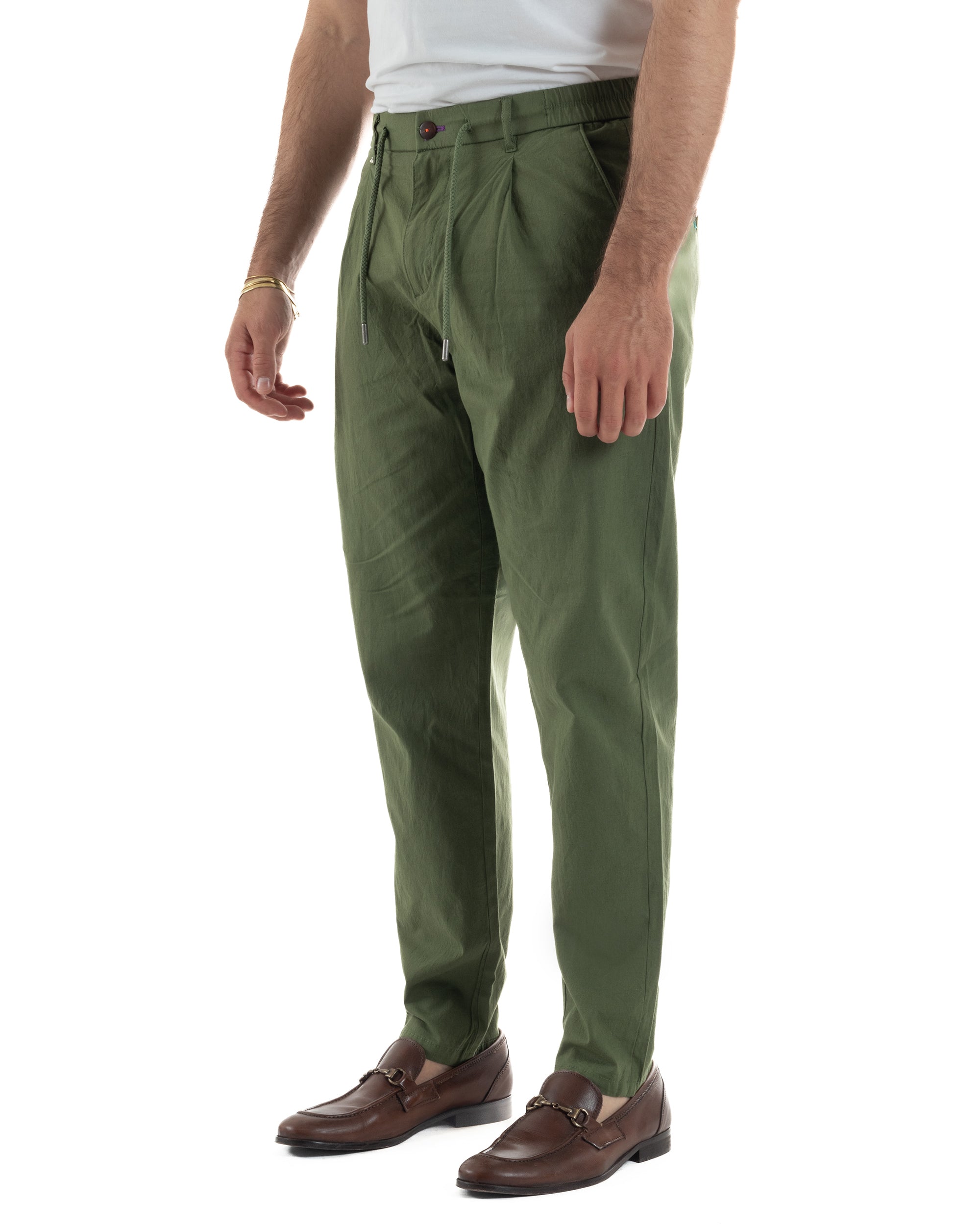 Pantaloni uomo pantalaccio chino lino elastico sul retro verde militare BERNA M-261237