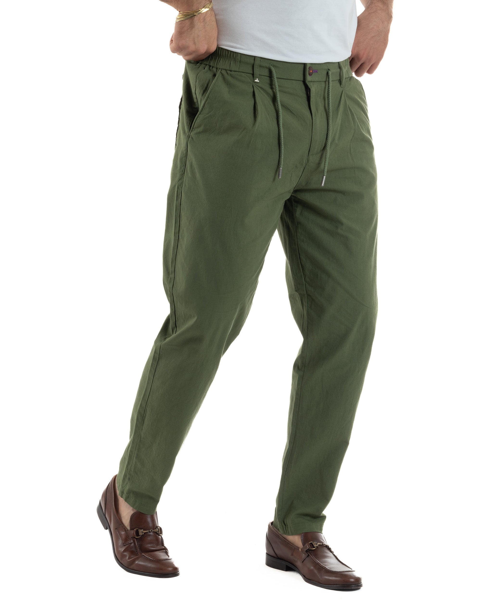 Pantaloni uomo pantalaccio chino lino elastico sul retro verde militare BERNA M-261237