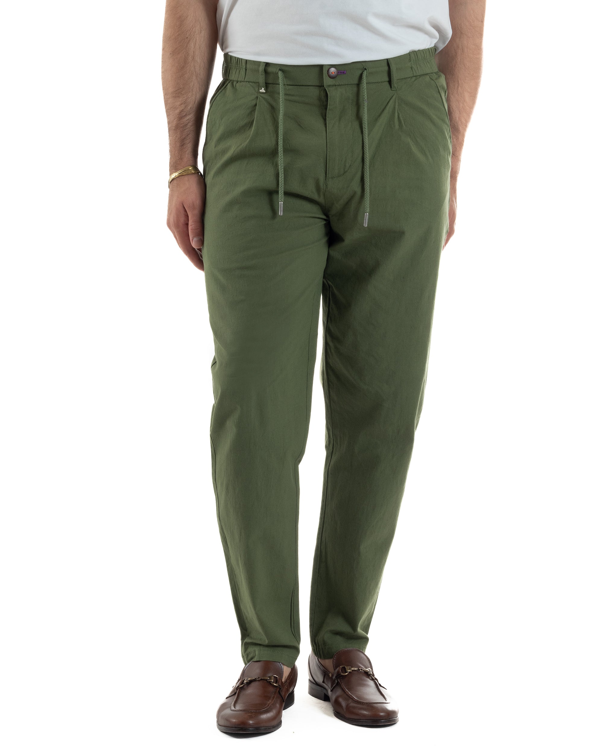Pantaloni uomo pantalaccio chino lino elastico sul retro verde militare BERNA M-261237