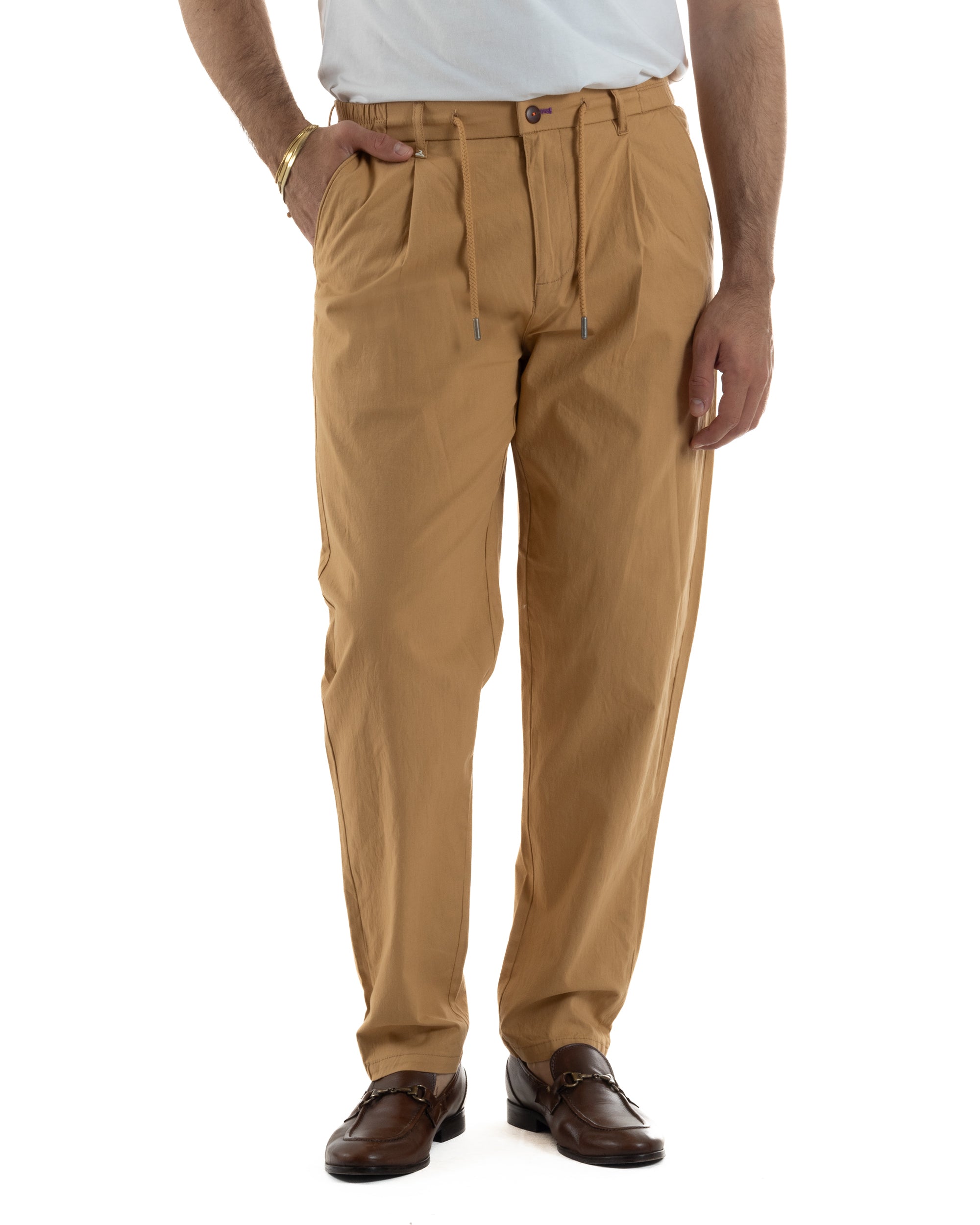 Pantaloni uomo pantalaccio chino lino elastico sul retro camel BERNA M-261237