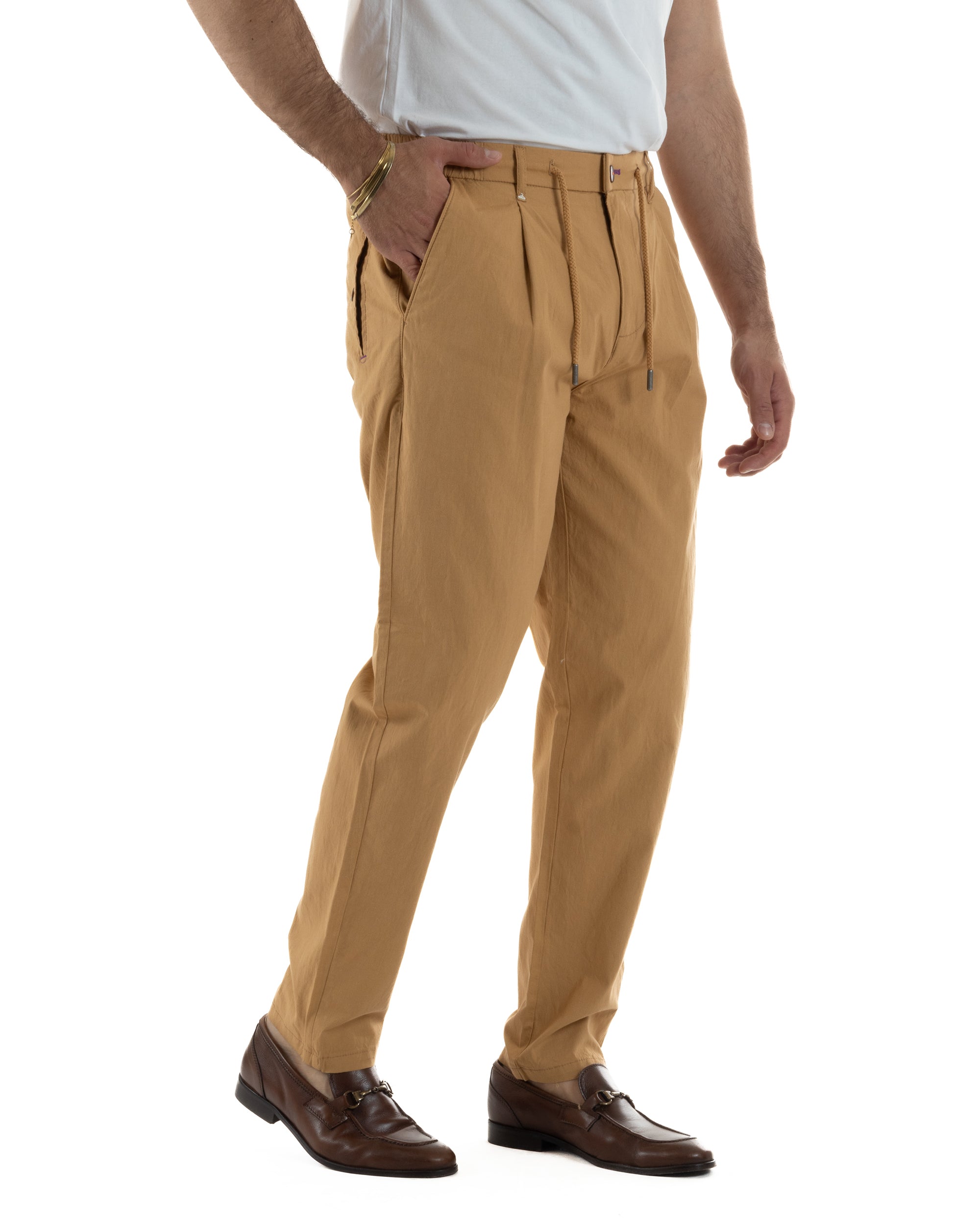 Pantaloni uomo pantalaccio chino lino elastico sul retro camel BERNA M-261237