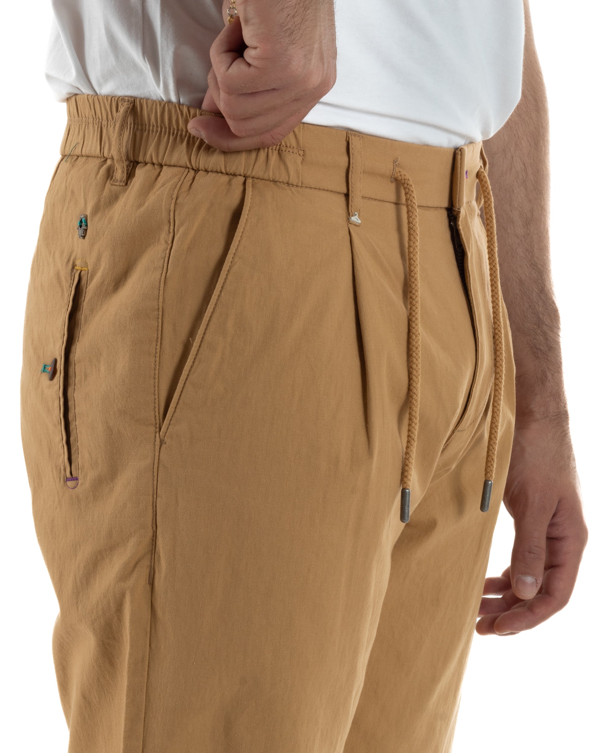 Pantaloni uomo pantalaccio chino lino elastico sul retro camel BERNA M-261237